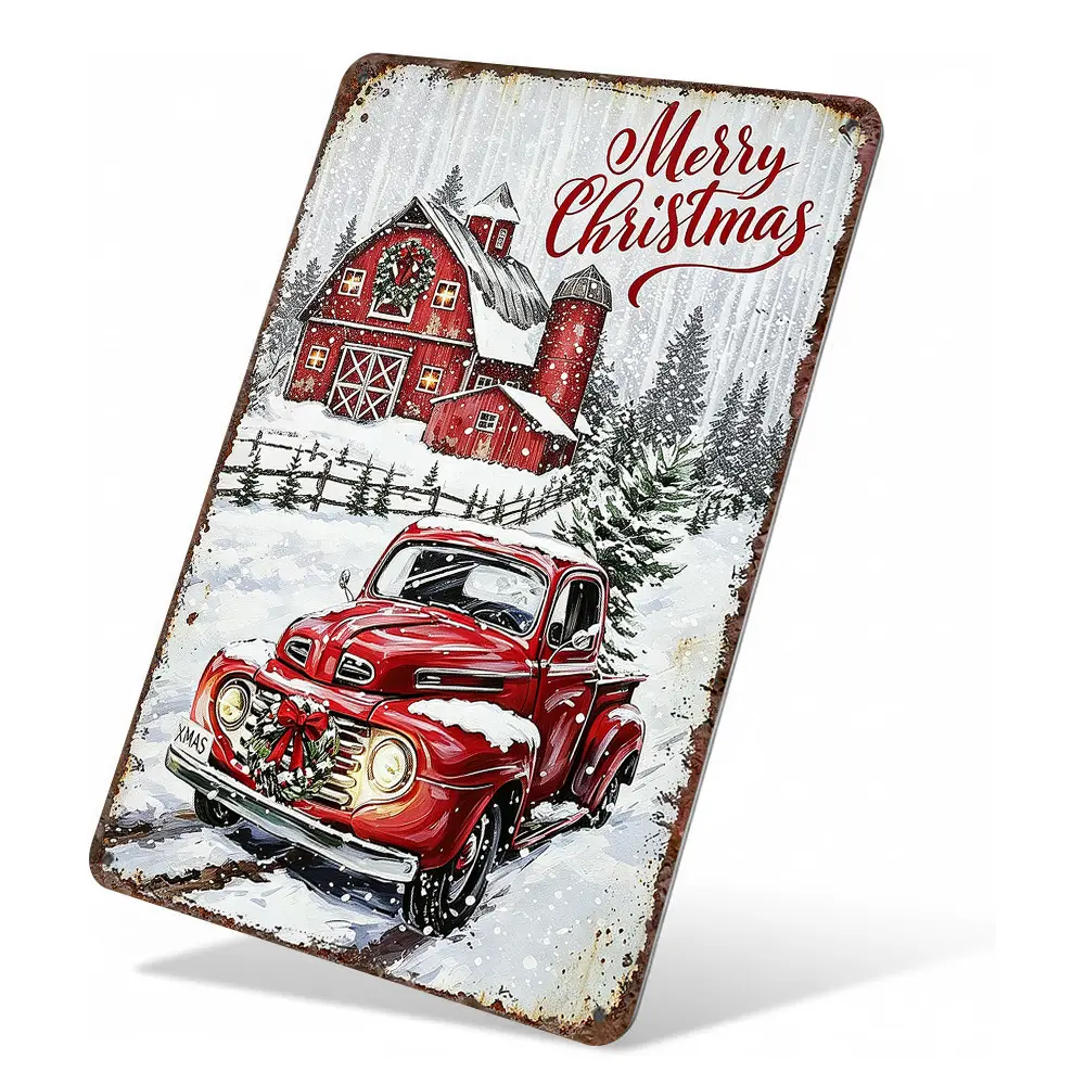 "Merry Christmas" Christmas Truck Farmhouse Metal Sign, Cozy Holiday Nostalgia Wall Art & Decor for entryway, porch, kitchen, 8x12 Inch Aluminum, Distressed Retro Style, Waterproof & Rust-Free, home decor wall art,art decor