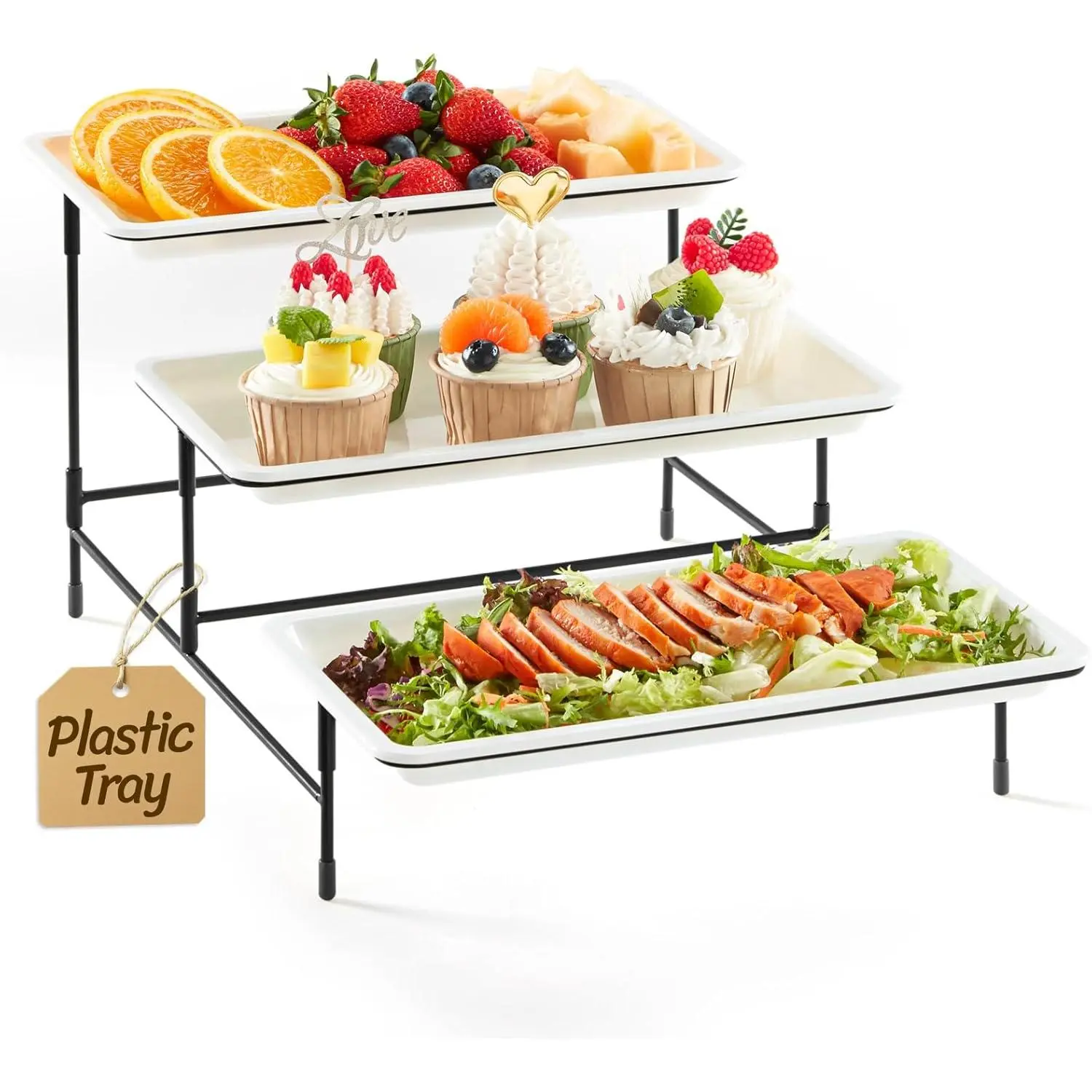 3 Tier Serving Tray, 30 x 17 cm/12 x 6.5" White Plastic Tiered  Serving Platters, Tiered Tray Stand for Party with Black Collapsible Metal Stand, Dessert Display Stand for Cookies/Crackers