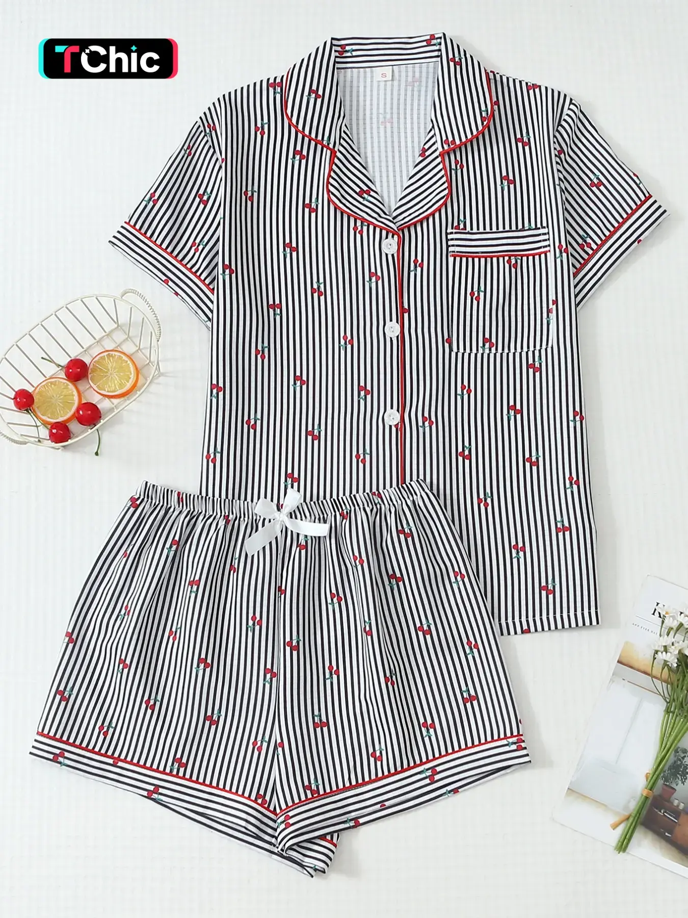 Women's Pajama Set, Striped Cherry Print Short Sleeve Top and Bow Shorts, Casual Fitted Sleepwear for All Seasons