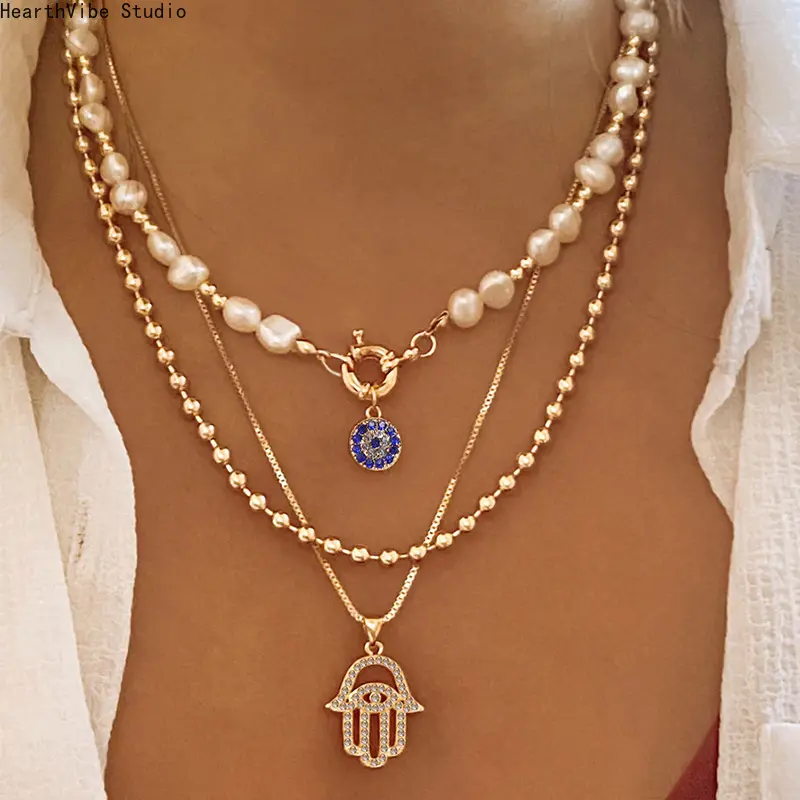 Layered Pearl Chain Evil Eye Hamsa Pendant Necklace for Women, 14K Gold Plated Bohemian Choker Set, Lucky Protection Fatima Hand Faith Jewelry, Aesthetic Vintage Birthday Gifts for Her