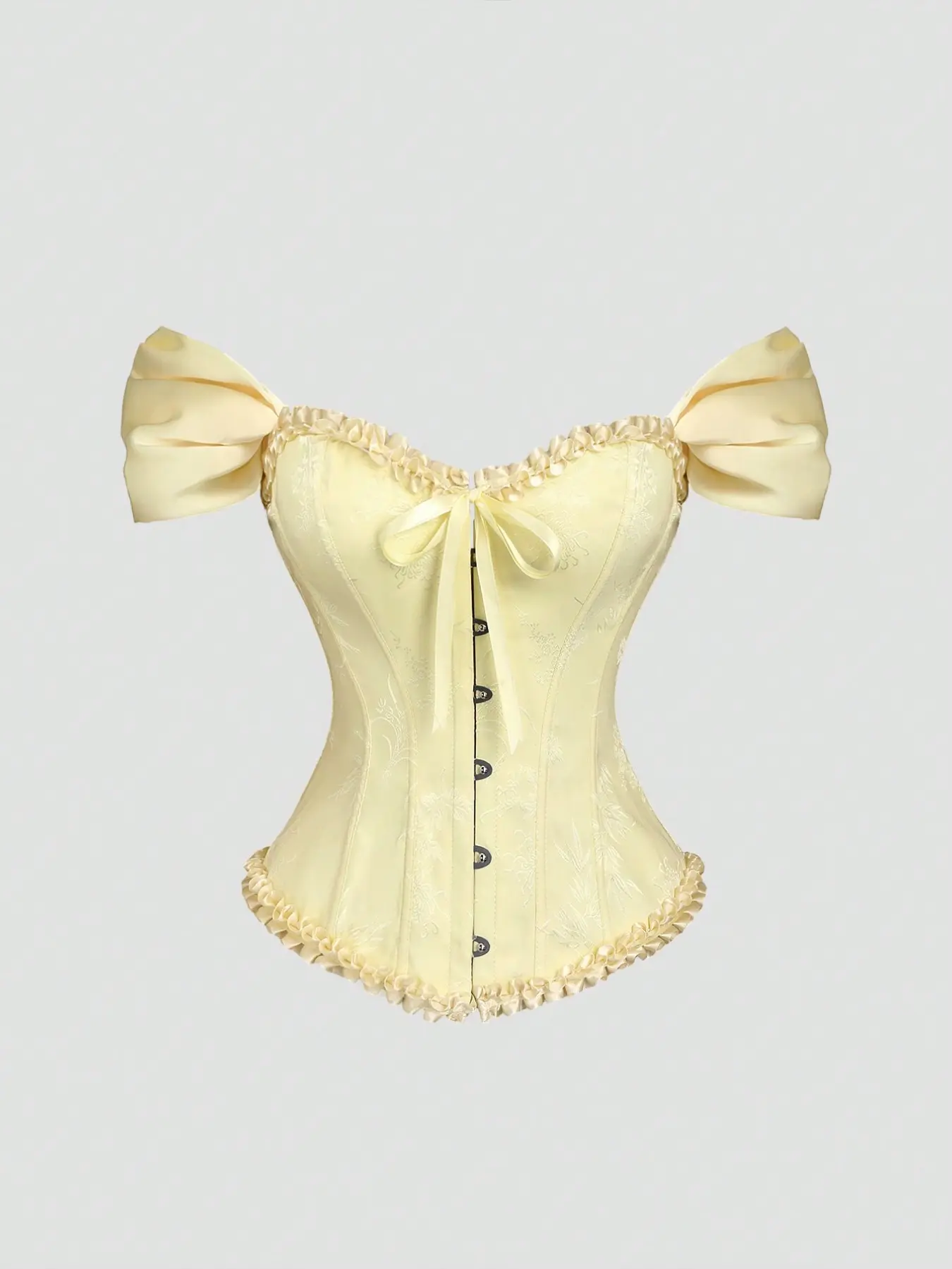 Cream Floral Jacquard Corset, Elegant Lace Up Top, Bow off Shoulder Bustier, All Seasons Fashion, Women's Clothing