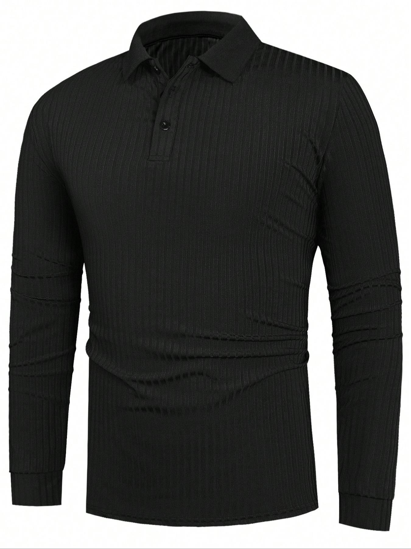 Men's Solid Color Button Polo Shirt, Regular Fit Business Casual Long Sleeve Top, Spring & Fall Fashion, Daily Wear Men's Clothing