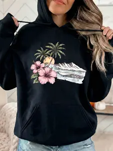 Women's Fashion Hooded Sweatshirt, Beach Coconut Flower Print, Drawstring Kangaroo Pocket, Fall Winter Casual Sports Top, Party Wear