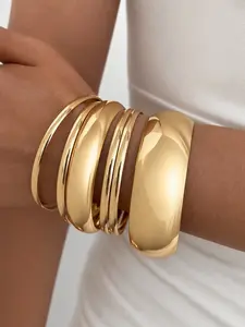 6PCS Gold Tone Bangle Bracelet Set for Women, Chunky Stackable Bangles, Statement Cuff Jewelry Gift for Her
