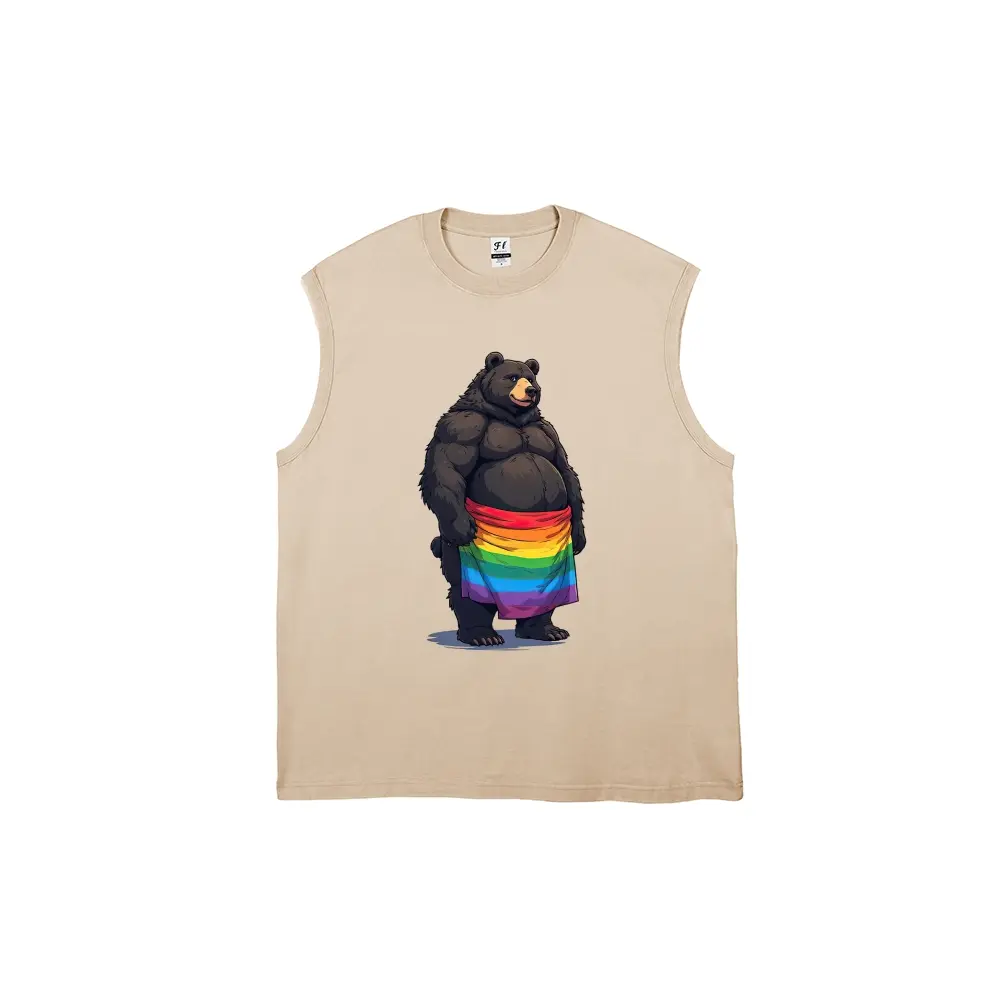 Men's Retro Acid Wash Beige Cut-Off Muscle Tank Top - Menswear, Breathable Distressed Cotton Oversized Loose Fit, Cute Black Bear & Rainbow Pride Flag Graphic, Casual Sleeveless Clothes for Teen Boys LGBTQ Apparel