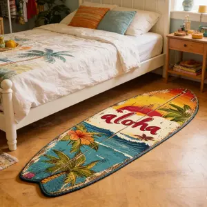 1 Piece Vintage Aloha Surfboard Shaped Carpet Rug, Retro Tropical Palm & Hibiscus Wave Print, Ultra-Soft Non-slip Machine Washable Floor Carpet Rug, Ideal For Living Room & Hawaiian Coastal Home Decor
