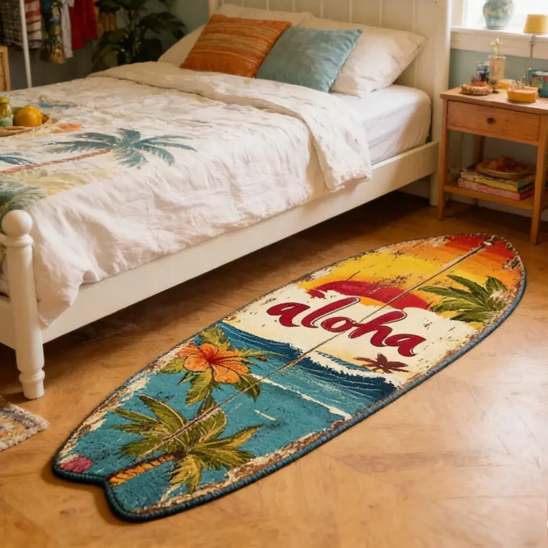 1 Piece Vintage Aloha Surfboard Shaped Carpet Rug, Boho Style Rug, Boho Printed Rug, Retro Tropical Palm & Hibiscus Wave Print, Ultra-Soft Non-slip Machine Washable Floor Carpet Rug, Ideal For Living Room & Hawaiian Coastal Home Decor
