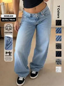 Low Rise Baggy Jeans for Women, Y2K Vintage Wide Leg Loose Fit Straight Button Denim Pants, Casual Trousers