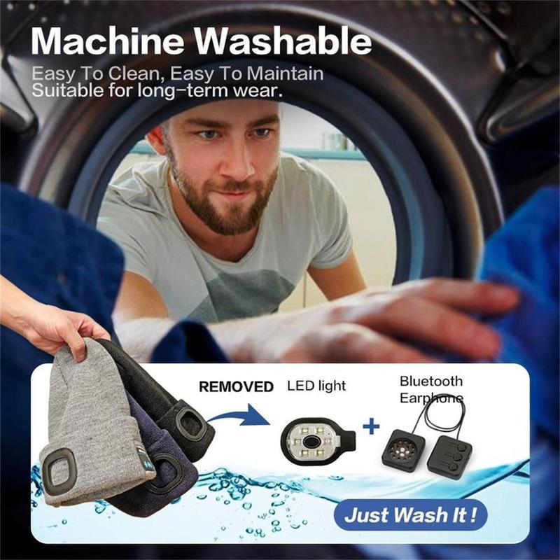 Bluetooth Beanie Hat with Light, Unisex USB Rechargeable Wireless Beanie Cap LED Headlamp Hat Music Hat with Headphones, Christmas Birthday Gifts for Men & Women, Black