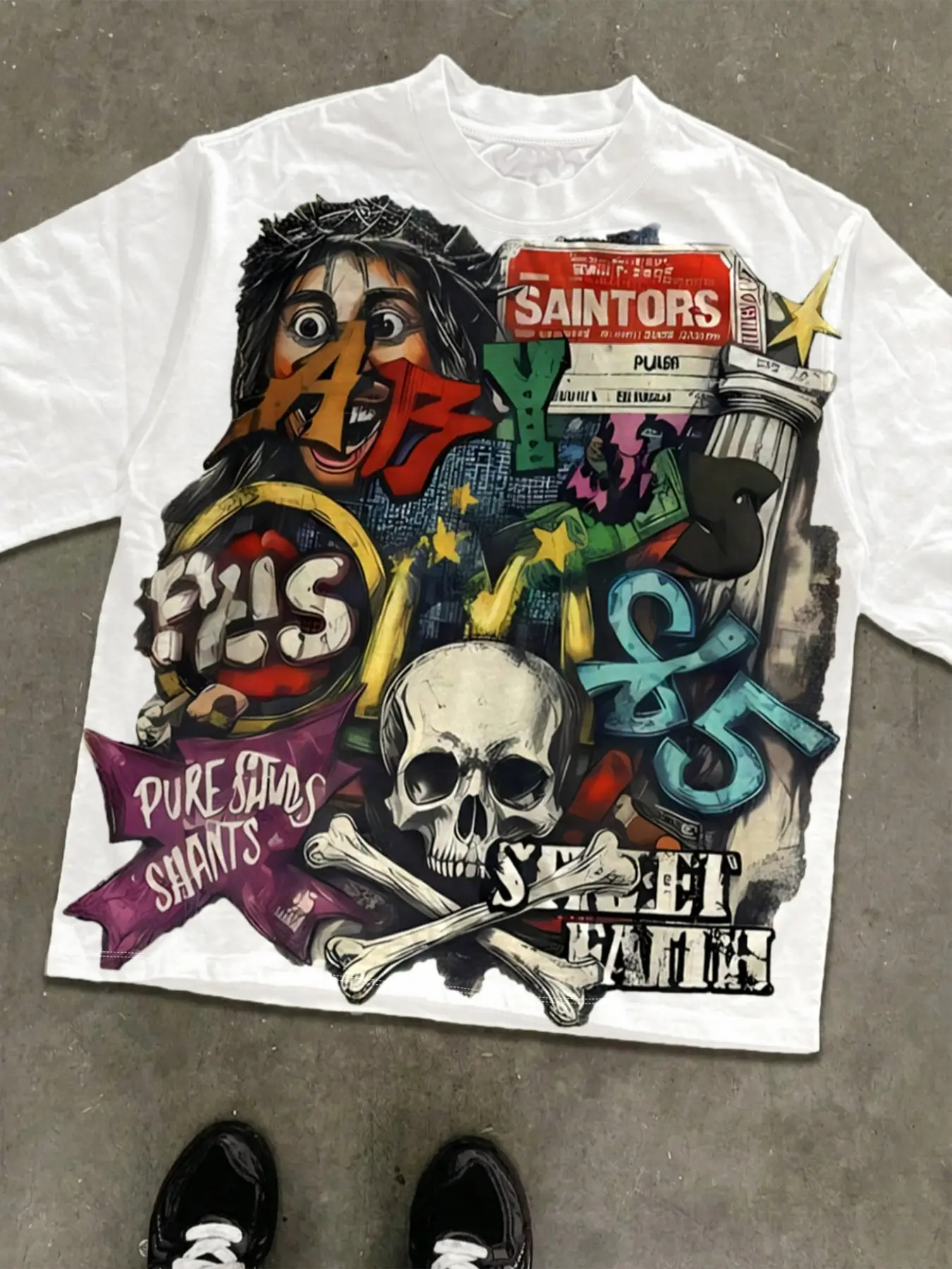Men Y2K Hip Hop Colorful Collage Print White Tee Retro Streetwear Oversized Casual Short Sleeve Top For Campus Daily Outfit