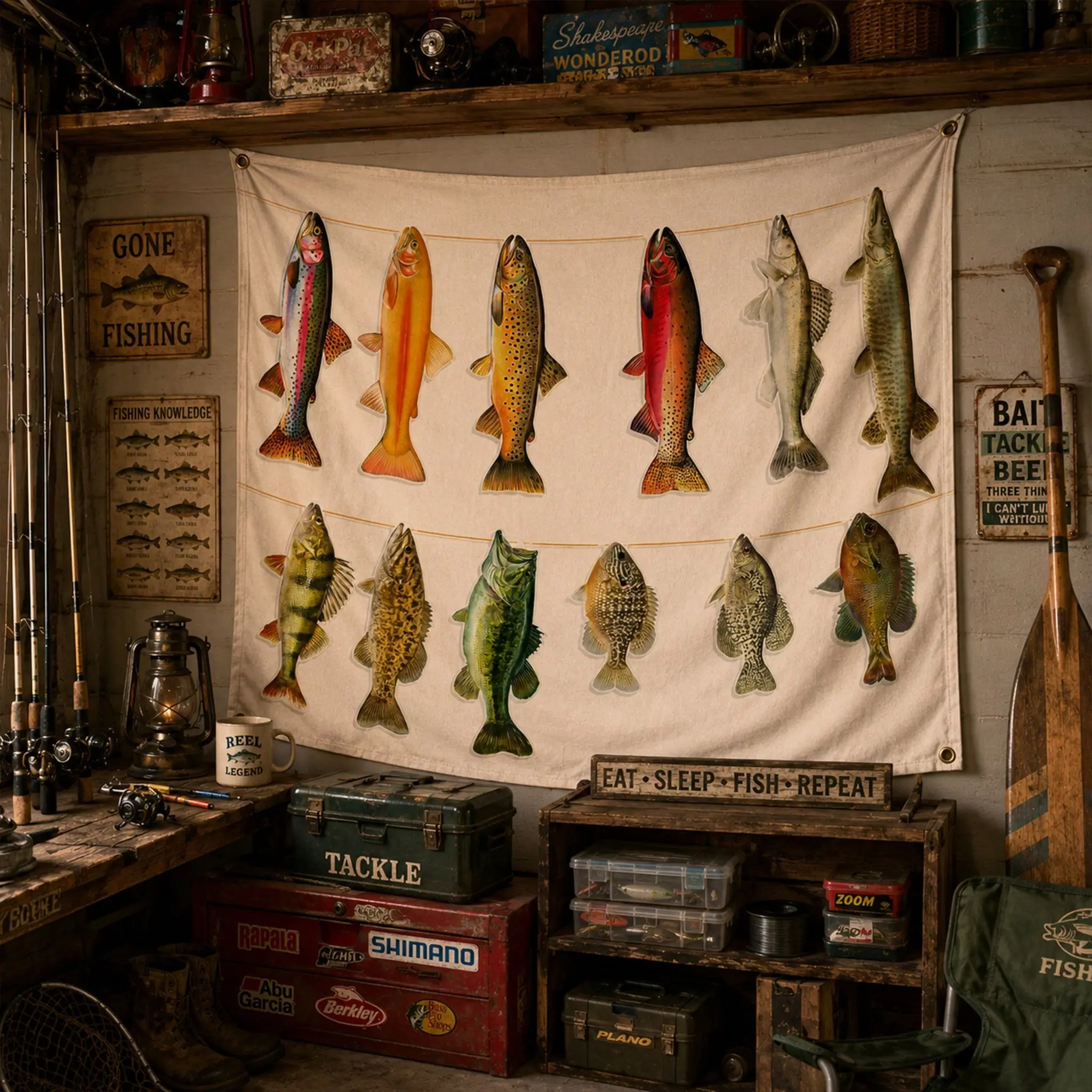 Fishing Theme Fish Decorative Banner Backdrop, Ideal for Fishing Shack, Boat Party, Coastal Nautical Decor, Men's Garage Wall Decoration