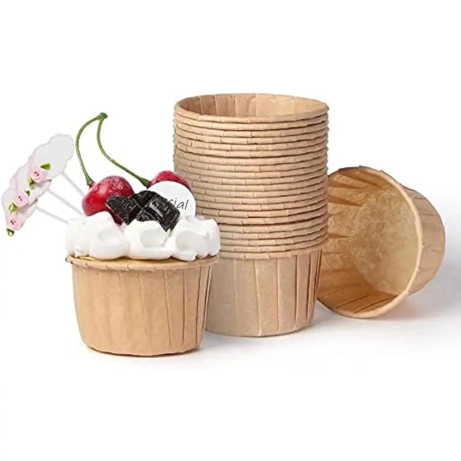 Brown Cupcake Liners Standard Size, 30 count Muffin Baking Wrapping Packaging Cups,Holders Paper, Heavy Duty Greaseproof Wrappers for Wedding,Birthday,Party, Showers,,With 3 Decorations