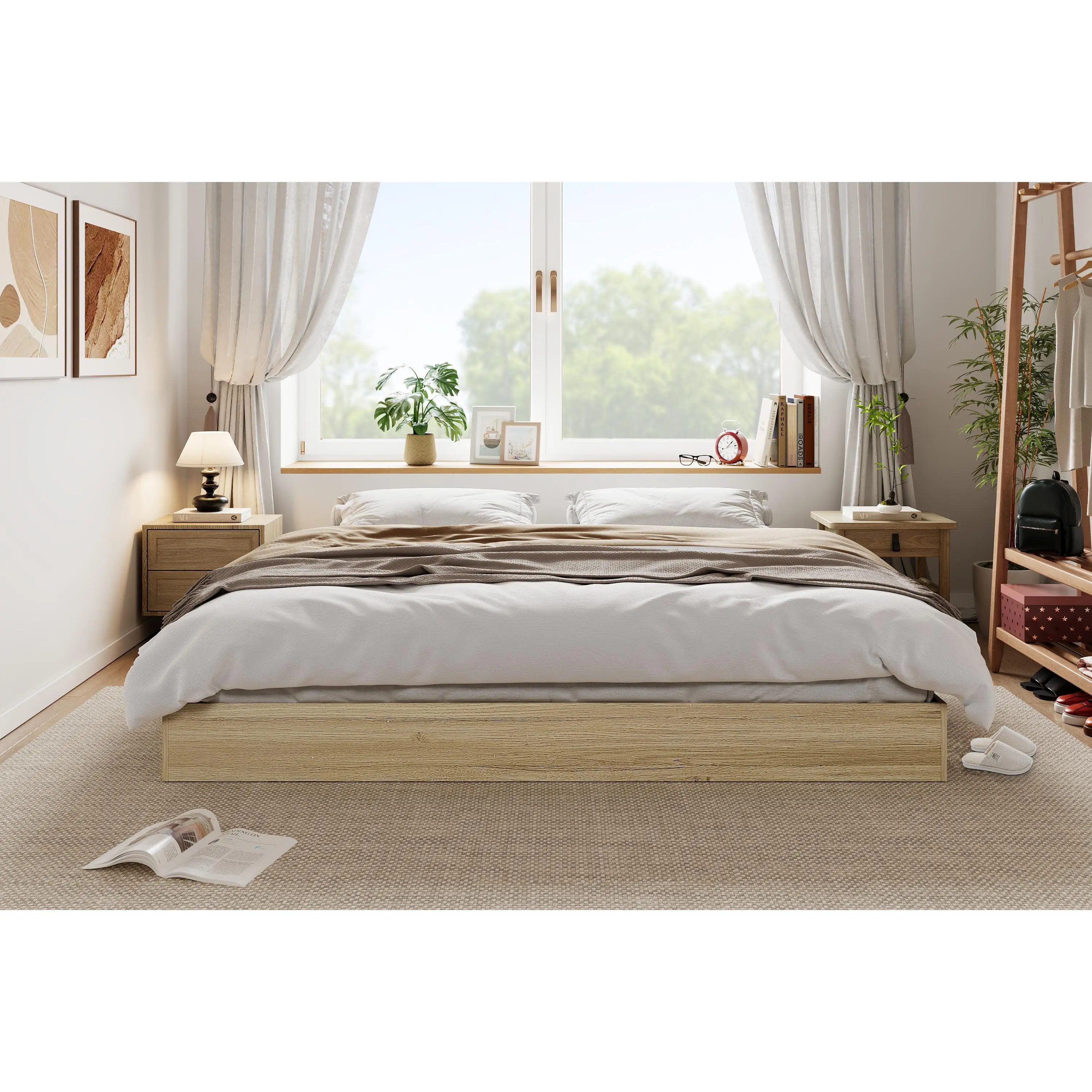 Full Size Bed Frame, Wood Platform Bed Without Headboard, Floor-Standing Bed Frame, Wooden Slats Support, No Box Spring Required, Walnut
