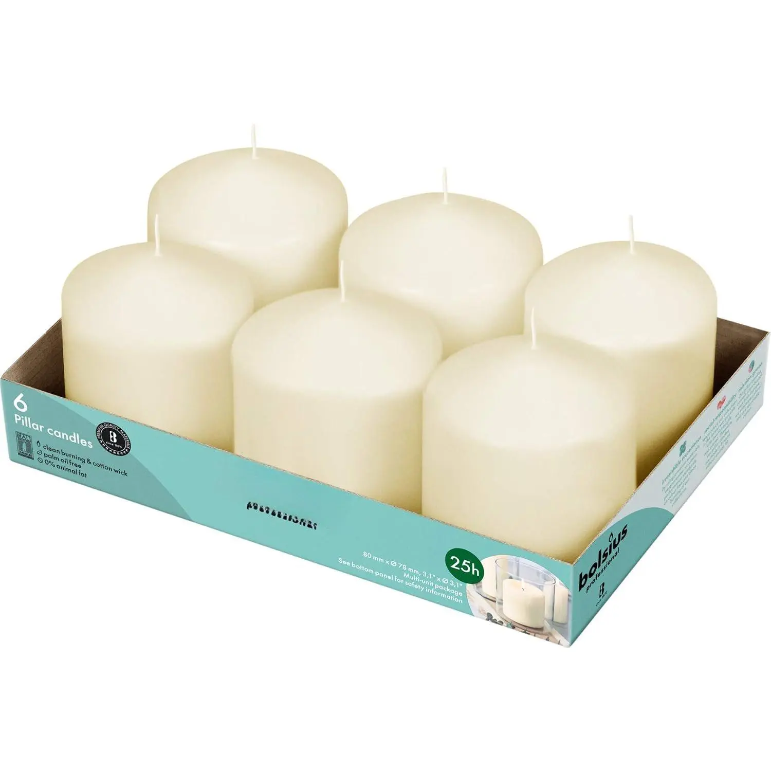 6  Pillar Candles Bulk - 3x3 Inches Candle Set - 25+ Hours Clean  - No Palm Oil - 0%   -  European Quality - Unscented Dripless Dinner Pillars
