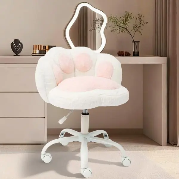 Gaomon Vanity Chair with Cat Paw Back,Armless Desk Chair Cute Small Office Chair with Wheels,Teddy Fabric 360°Rotating Computer Chair,Adjustable Height for Vanity,Kids Room,Office,Bedroom