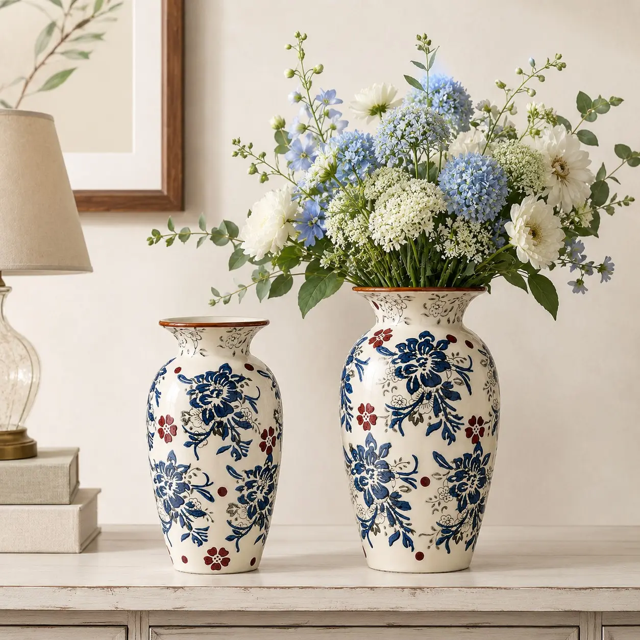 Blue and White Ceramic Vase with Red Floral Accents, Vintage Botanical Urn Flower Pot, Elegant Chinoiserie Decorative Centerpiece, Waterproof No-Hole Holder for Pampas Grass and Dried Florals, 2 Styles Available (Sold as 1PC)