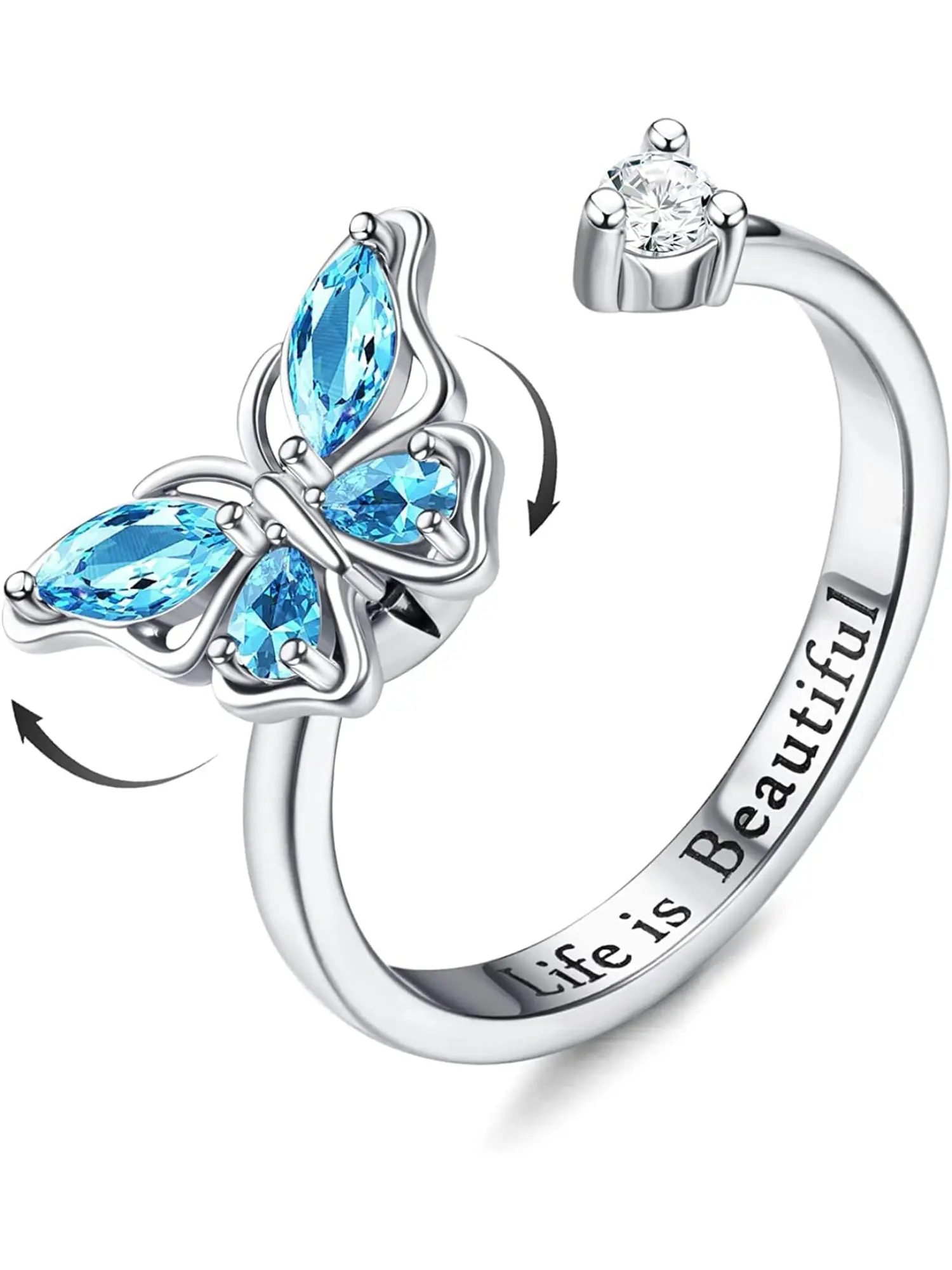 925 Sterling Silver Fidget Ring For Women Girls Adjustable Knuckle Rings Anxiety Ring Cubic Zirconia Sunflower Butterfly Rose Spinner Ring Jewelry