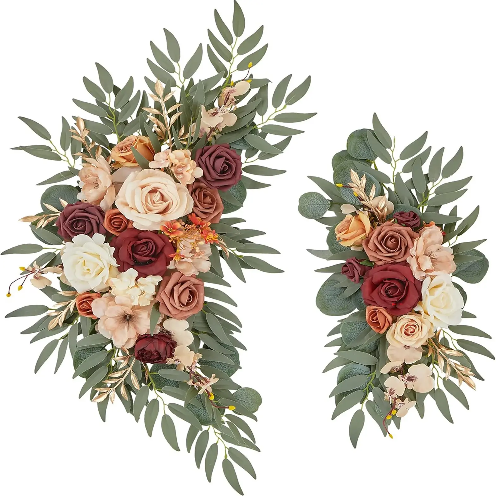2 PCS elegant red ceramic wedding arch decoration, featuring lifelike artificial flowers paired with green leaves, suitable indoor and outdoor wedding backgrounds, arch chairs, welcome signs, party signs, and ceremonial reception backgrounds