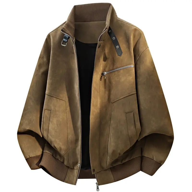 Men's Long Sleeve Plain Patchwork Vintage Washed Stand Collar Workwear Coat, Menswear with Strap Buckle Decor, Zip Chest Pocket, Side Pockets, Zip Closure, Ribbed Hem, Loose Lined Casual Outerwear for Daily Commuting