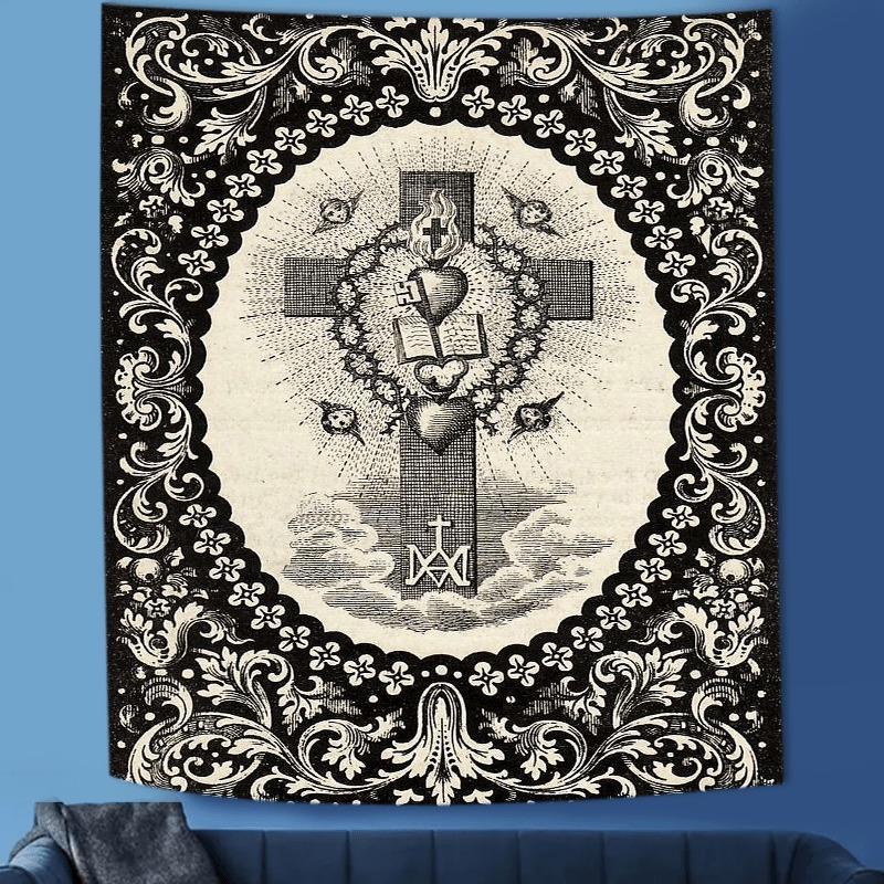 Sacred Heart Cross Pattern Durable Decorative Tapestry, Gothic Design Wall Hanging, Wall Decor for Home Living Room Bedroom Dorm, Home Decor