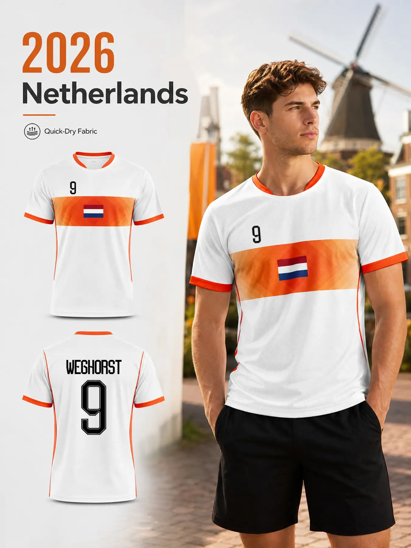 2026 Netherlands Soccer Jersey for Men, Quick-Dry Football Shirt with Orange Accent, Premium Mesh Sports T-Shirt Dutch Fan Gear Top