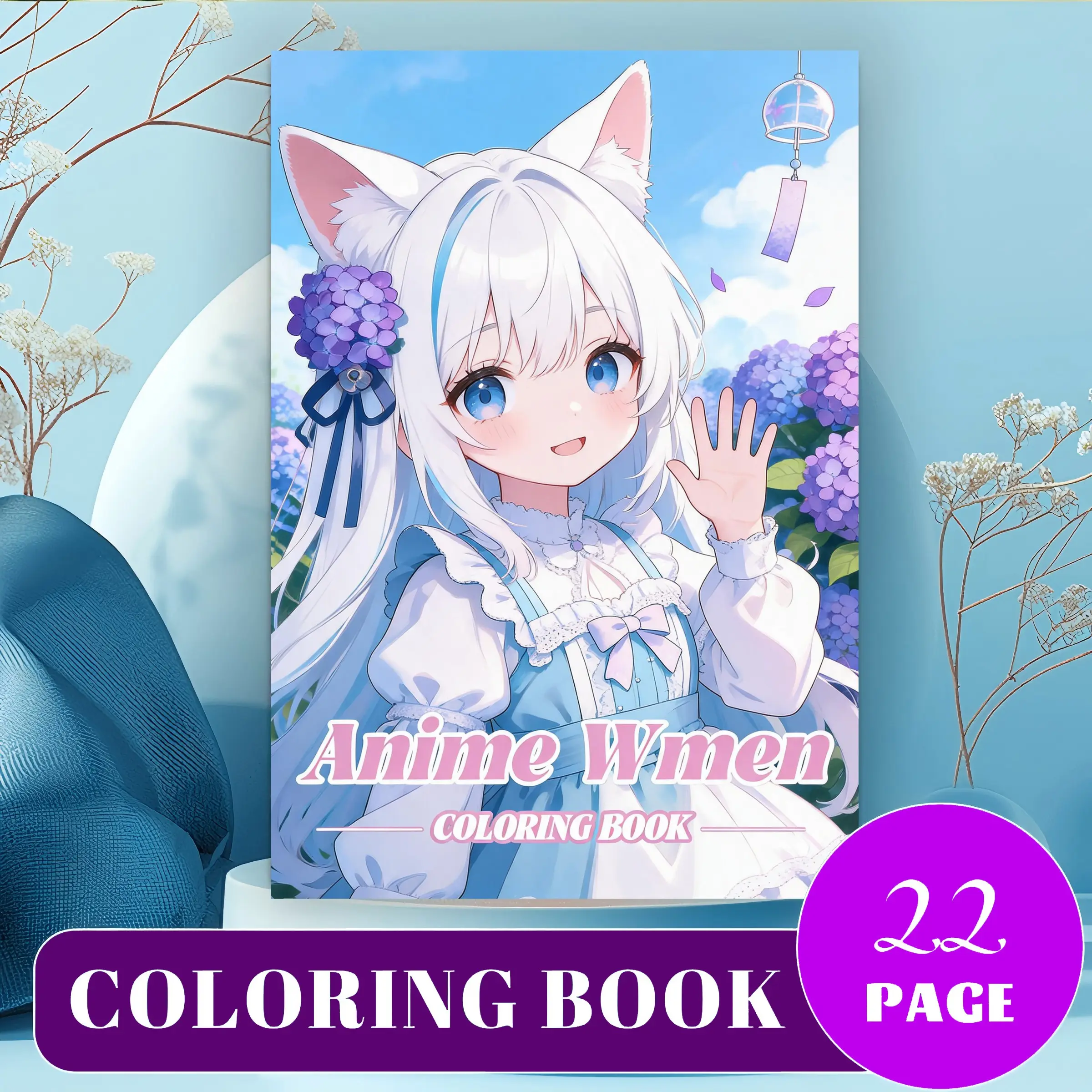 Japanese Anime Coloring Book for Adults and Kids, 22 Pages Easy-To-Color Patterns, Thick Paper, No Ink Bleed, Stress Relief, Cute Cat Ear Characters