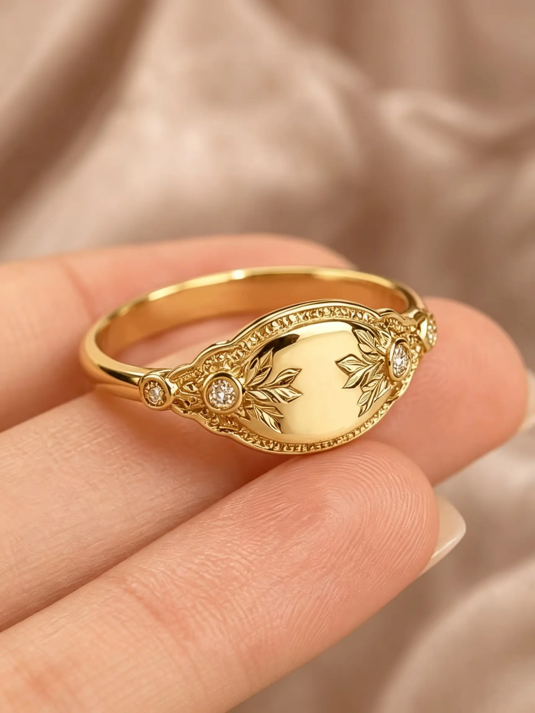 Vintage Elegant Copper Ring, Leaf Vein Engraving, Cubic Zirconia Accent, Smooth Polished Surface, Women's Jewelry for Daily Wear, Engraved Ring