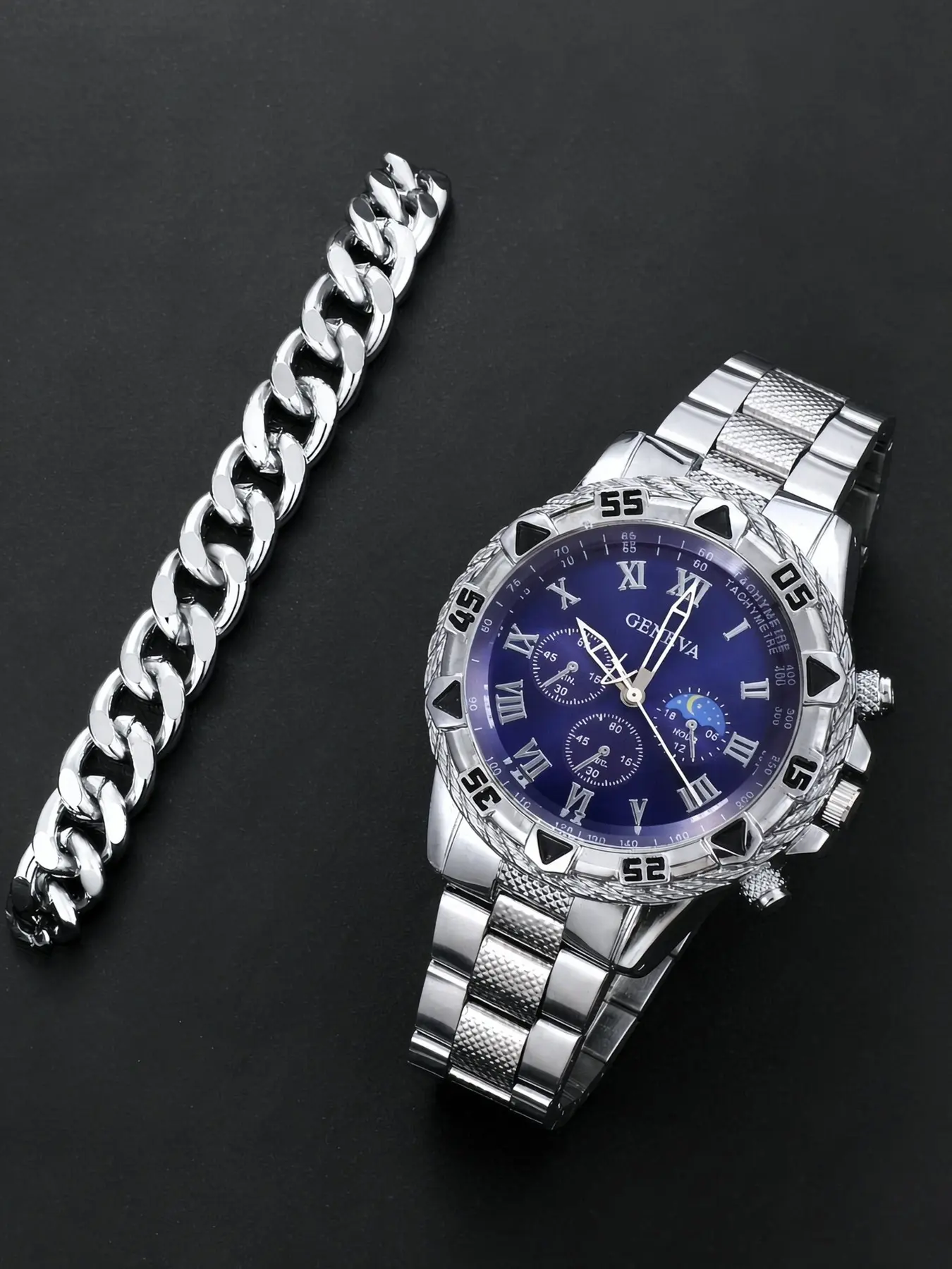 2-piece men's watch set, durable watch, silver needle quartz wristwatch, blue dial, casual style, with bracelet, a perfect gift for him, suitable for all seasons, classic quartz watch, quartz movement
