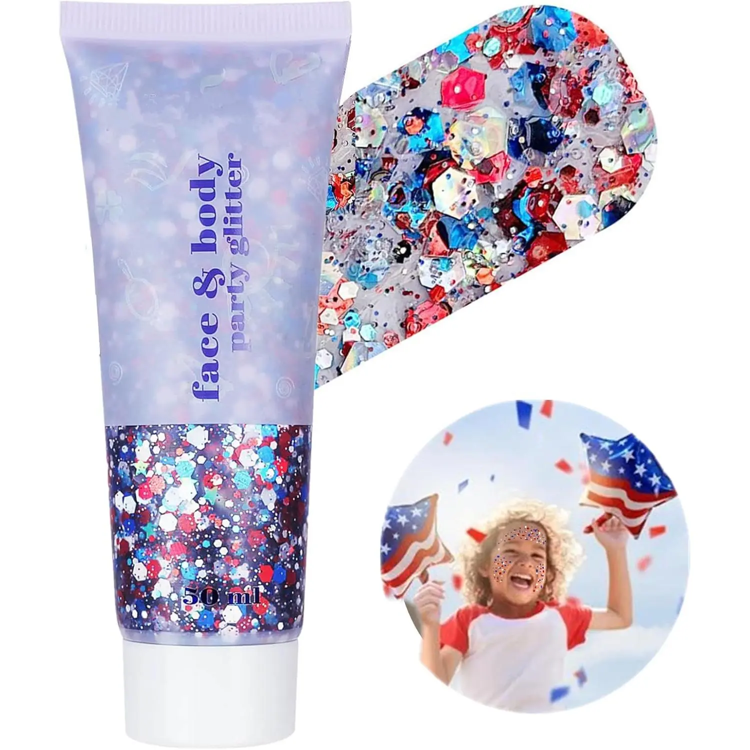 Red White and Blue Body Glitter,4th of July Outfits for Women&Kids,Patriotic USA Flag Face Hair Glitter for Memorial Independence Day,Holographic Chunky Glitters Sequins,4th of July Accessories