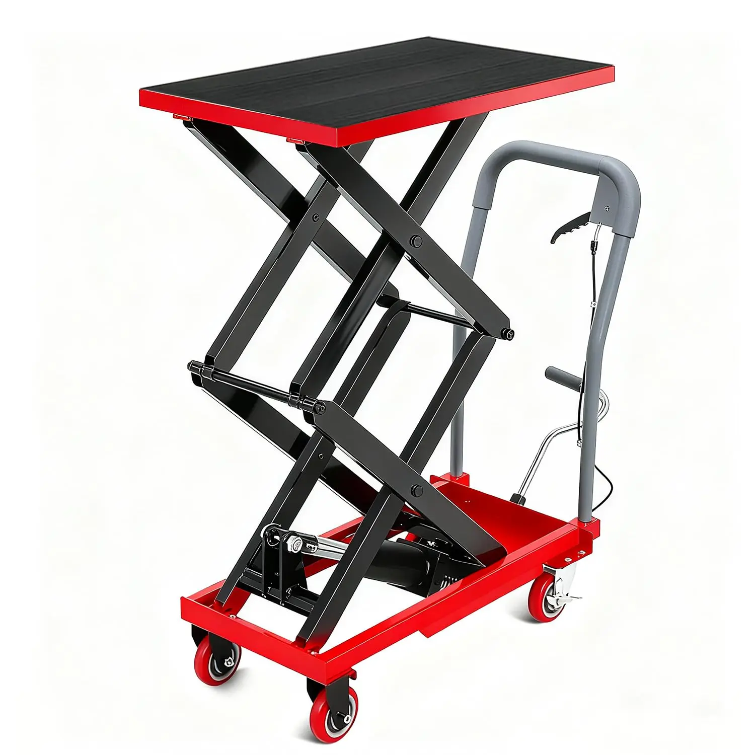 Hydraulic Double Scissor Lift Table Cart holds up to 330 lbs with adjustable lifting height from 11.5" to 50", anti-slip platform plus lockable swivel casters, durable mobile lifting trolley for material handling in workshop and warehouse.
