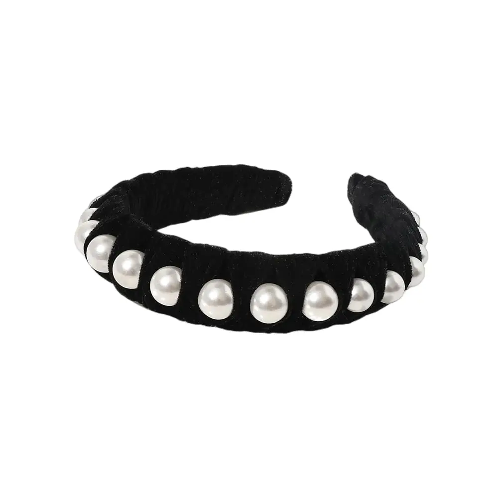 Velvet Pearl Headband - Padded Faux Pearl Beads Hoop for Women Massage Rubber Bristles Curry Comb Hair Removal Tool