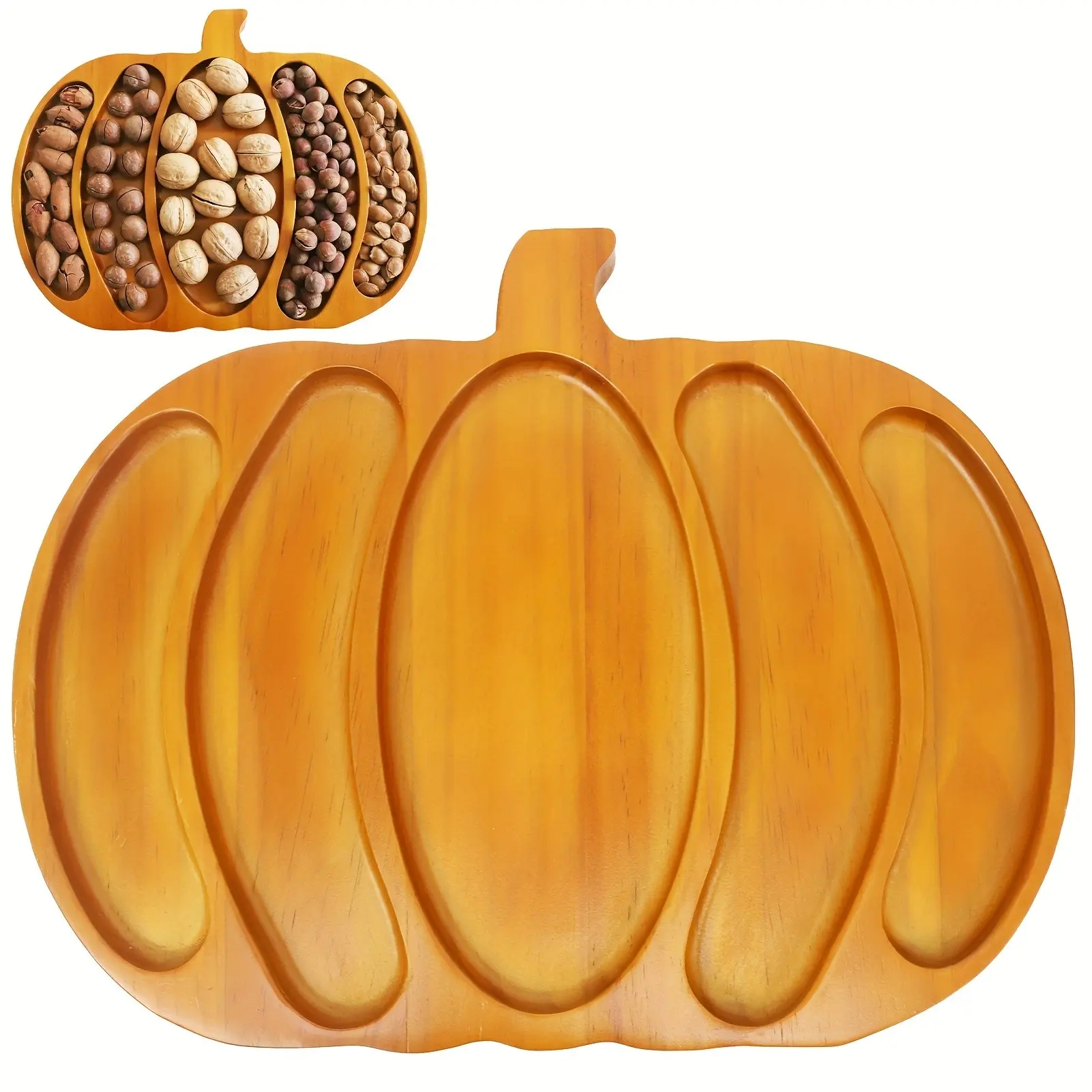 15x11.8 Inches Autumn Harvest Wooden Pumpkin Serving Tray, Snacks Fruit Meat Cheese Deli Plate, Split Dinner Plates for Halloween, Thanksgiving, Parties, Christmas Day, Non-Food Contact