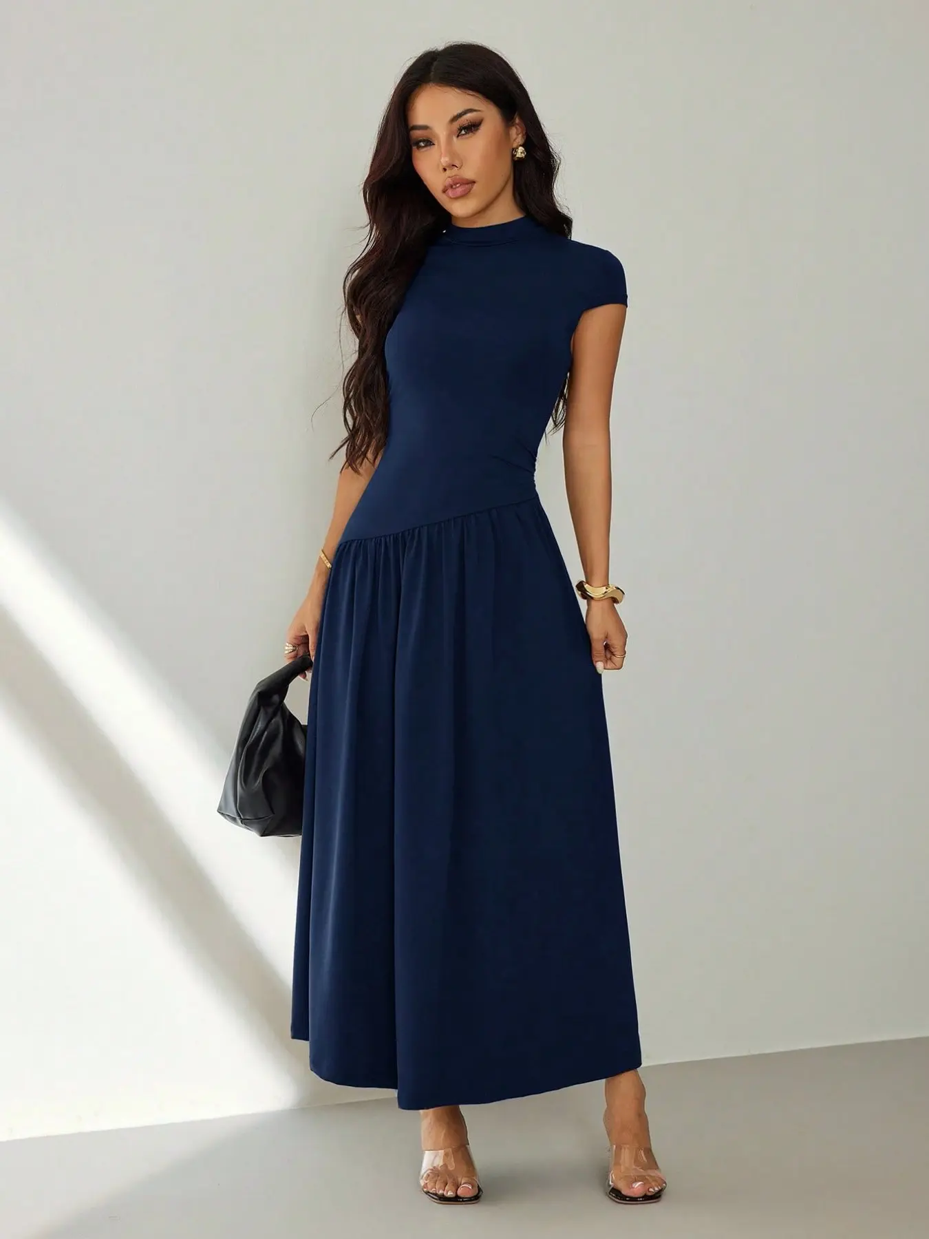 Women's High Neck Short Sleeve Bodycon Summer Dress, Slim Fit Patchwork A-Line Long Dress, Camel Color Chic Elegant Slimming Midi Dress Elegance