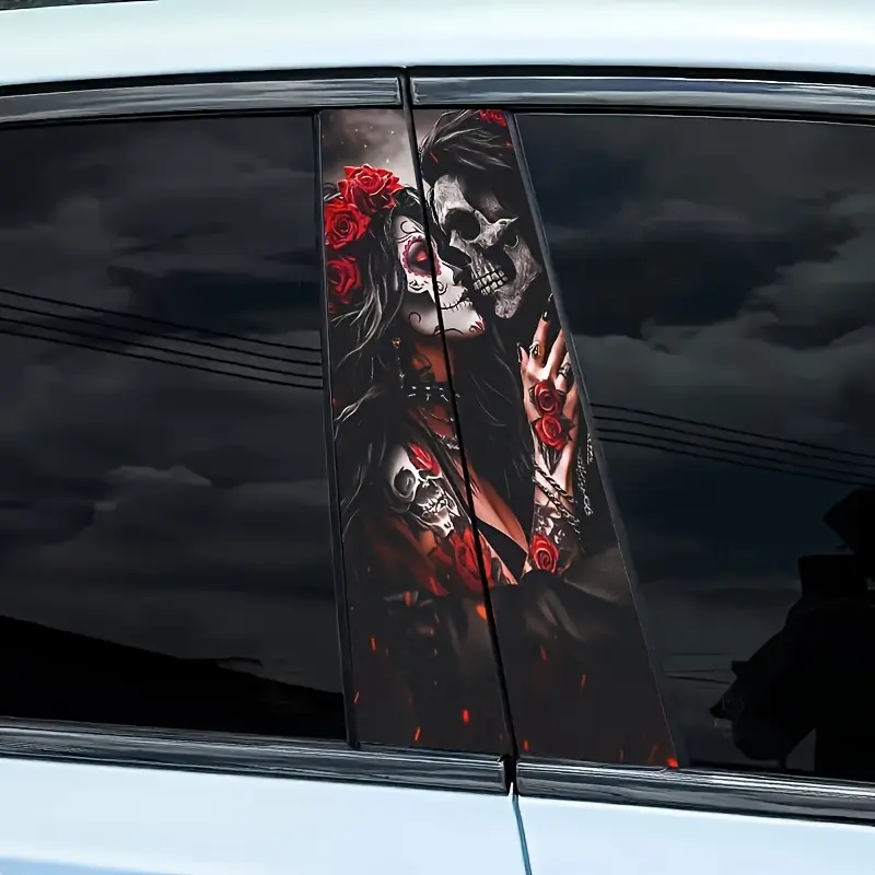 2pcs - High quality car sticker, skeleton couple pattern car door post sticker, high gloss car B pillar protective film self-adhesive waterproof and scratchproof sticker for cars, walls, window glass, etc. - Car decoration