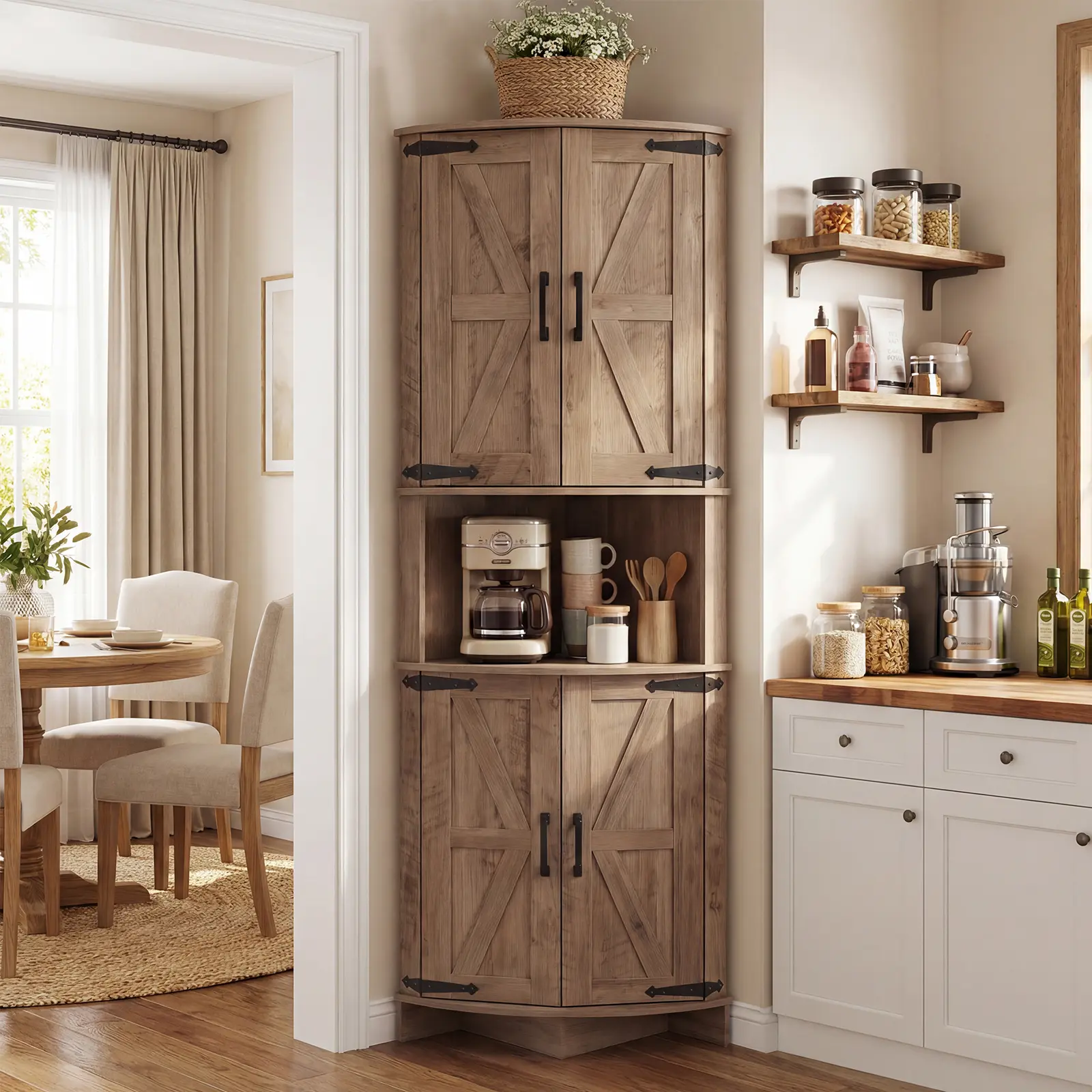 64.8" Tall Corner Cabinet with Adjustable Shelves, Farmhouse Style Storage Cabinet for Bathroom, Kitchen, Living Room