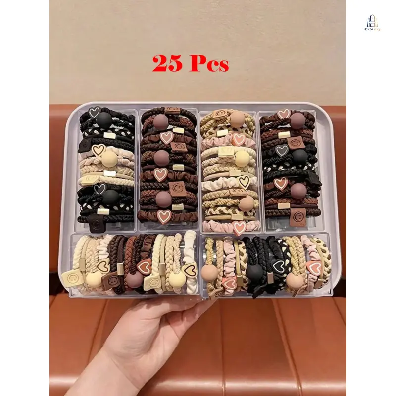 25 Pieces Boho Women Hair Tie Set Heart Bead Decor Bracelet Style Elastic Hair Bands Hair Friendly Stretch Stable Hold Sports Daily Dating Travel All Match Ponytail Fixing Fashion Hair Accessories