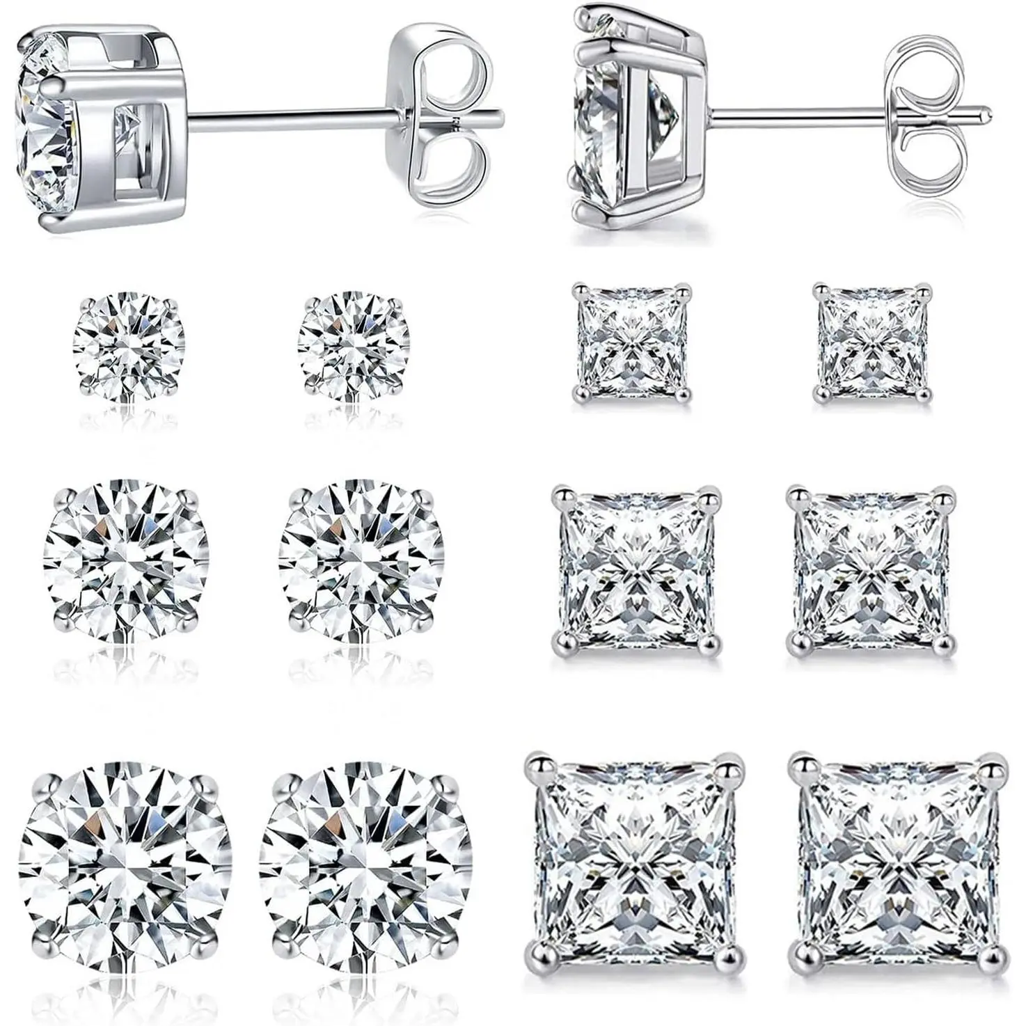 6 Pairs Stud Earrings Set 3mm/5mm/7mm Princess & Round Cubic Zirconia Earrings Hypoallergenic 316L Surgical Stainless Steel CZ Earrings for Women Men