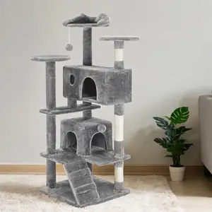 54 Inch Multi-Tier Indoor Cat Activity Tower, Built-In Sisal Scratching Posts, Private Cat Condo, Climbing Ladder & Hanging Plush Toy, Soft Light Grey Cat Play Furniture for Kittens & Adult Cats