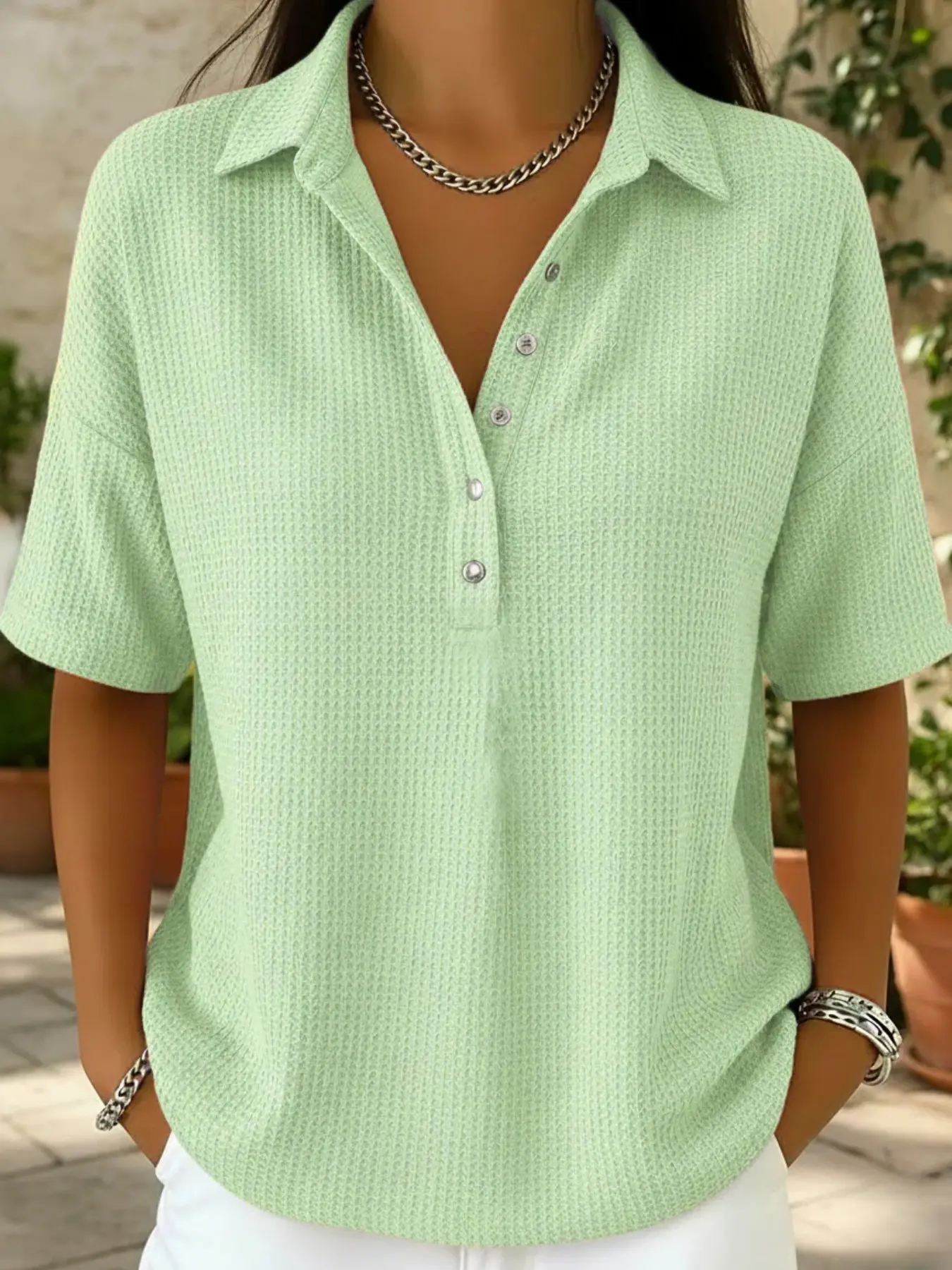 European and American Fashion Casual Waffle Collar Button Shirt, Short Sleeve Top, Knit Casual Top, Trendy and Comfortable, Perfect for Everyday Wear, Womenswear