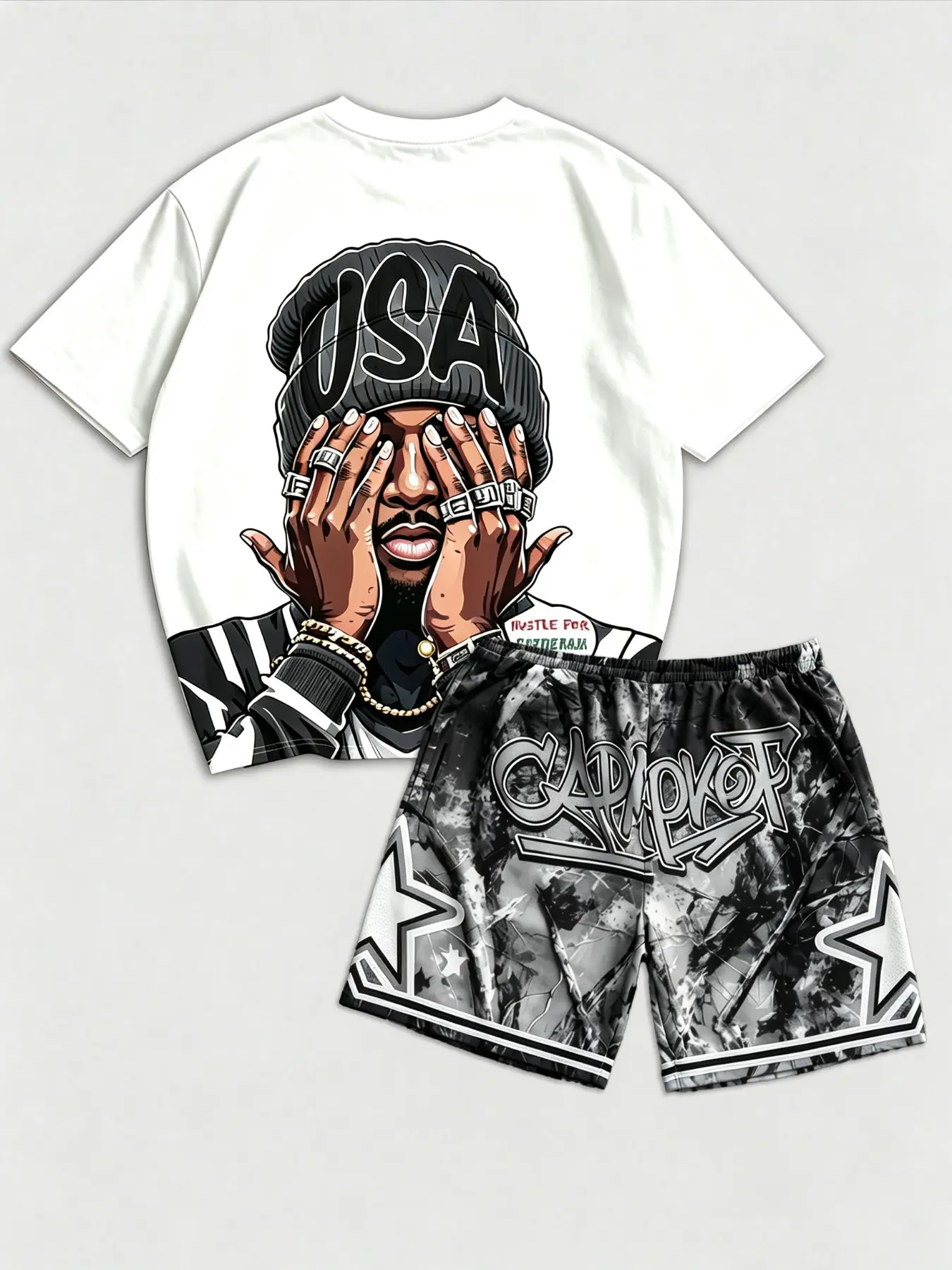 Unisex USA Man Graphic Print T-Shirt & Camo Star Shorts 2 Piece Matching Set | Loose Fit Streetwear Outfit | Casual Hip Hop Summer Set for Men & Women