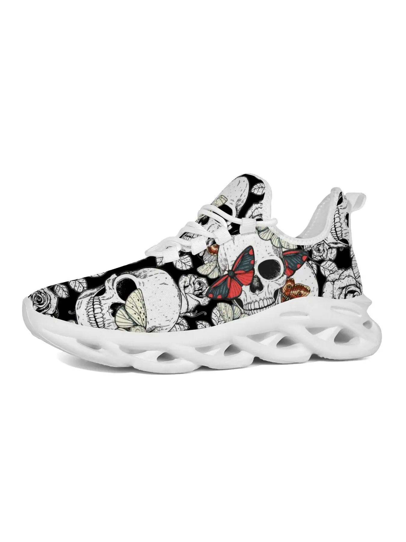 Black White Gothic Skull and Rose Theme Sneakers, Cushioned Breathable Running Shoes for Men Women, Dark Aesthetic Butterfly Print Casual Athletic Shoes for Alternative Fashion Fans