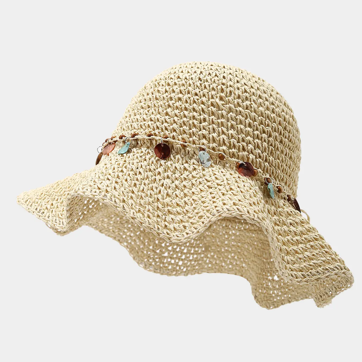 Crochet Straw Bucket Hat Wide Brim Sun Cap Shell Beaded Band Hollow Out Knitted Packable Foldable For Women Girls Summer Beach Travel Hawaii Vacation Outdoor