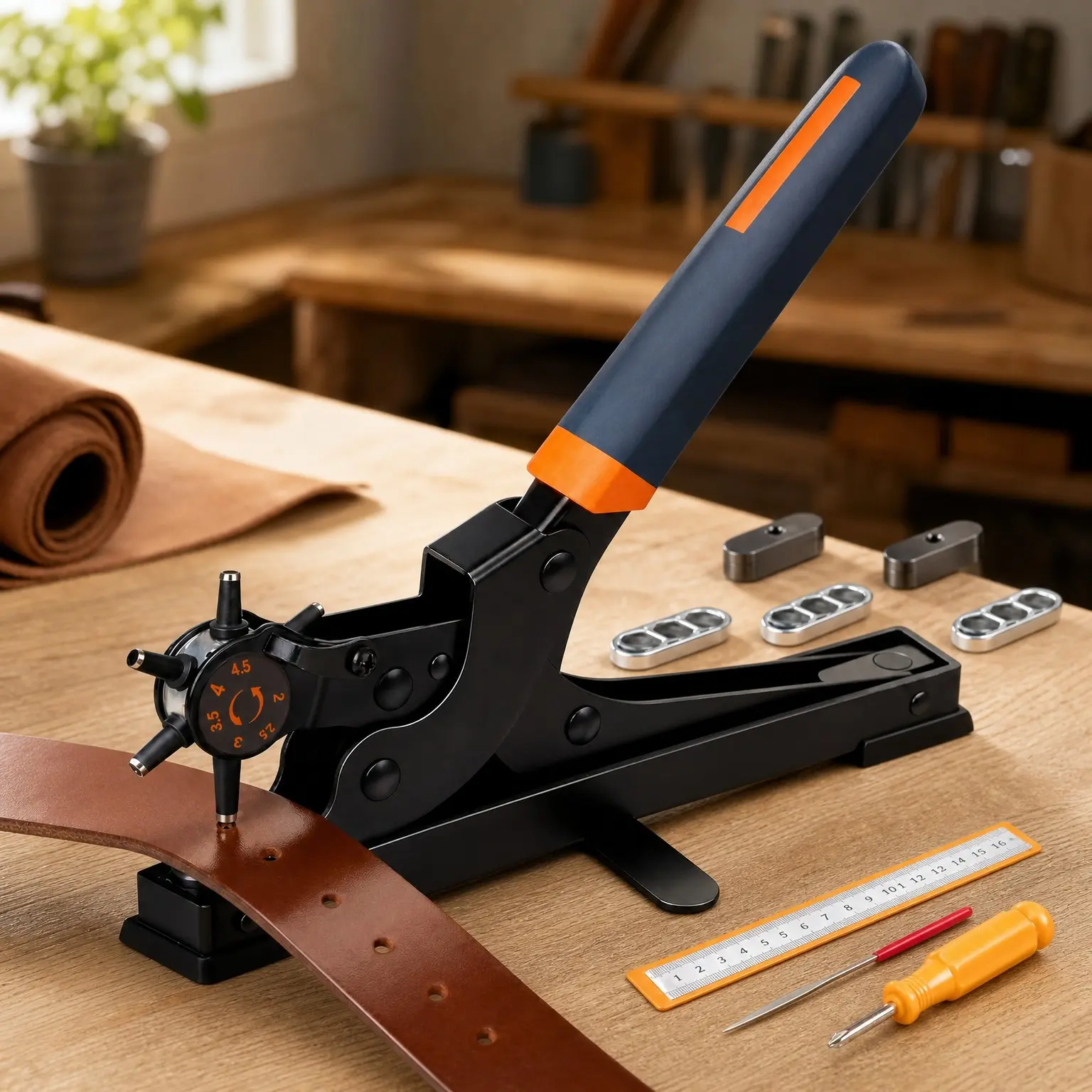 Leather Hole Puncher with Tabletop Base - Heavy Duty Carbon Steel, 6 Rotary Sizes 2-4.5mm for Belts, Watch Bands, Shoes, Bag Straps & Crafts - One Hand UseGift