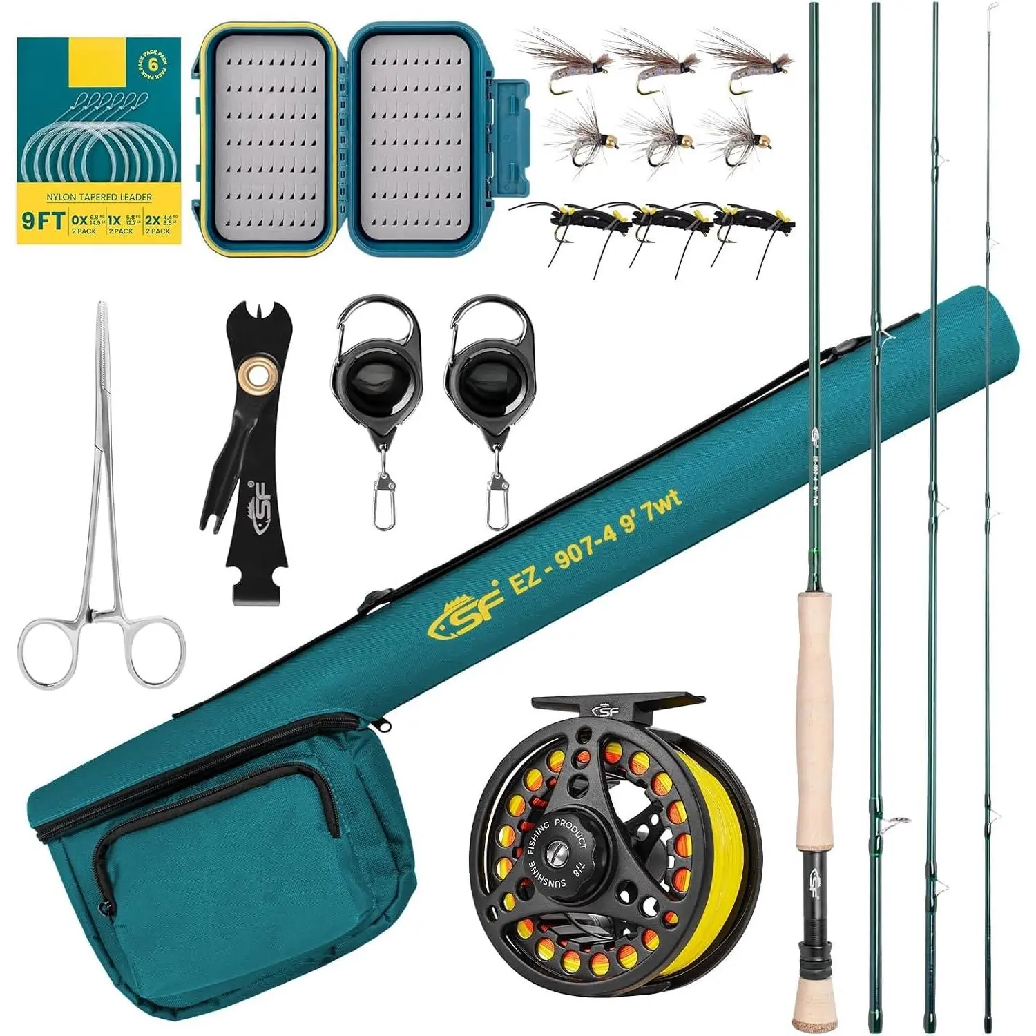 Fly Fishing Rod Combo Starter Kit Semi Gloss Green Jade Finish 24T Carbon Fiber Trout Travel Fly Rod with Reel,Fly Rod case,Fly Box , Flies,Tapered Leader,Knot Tying Tools