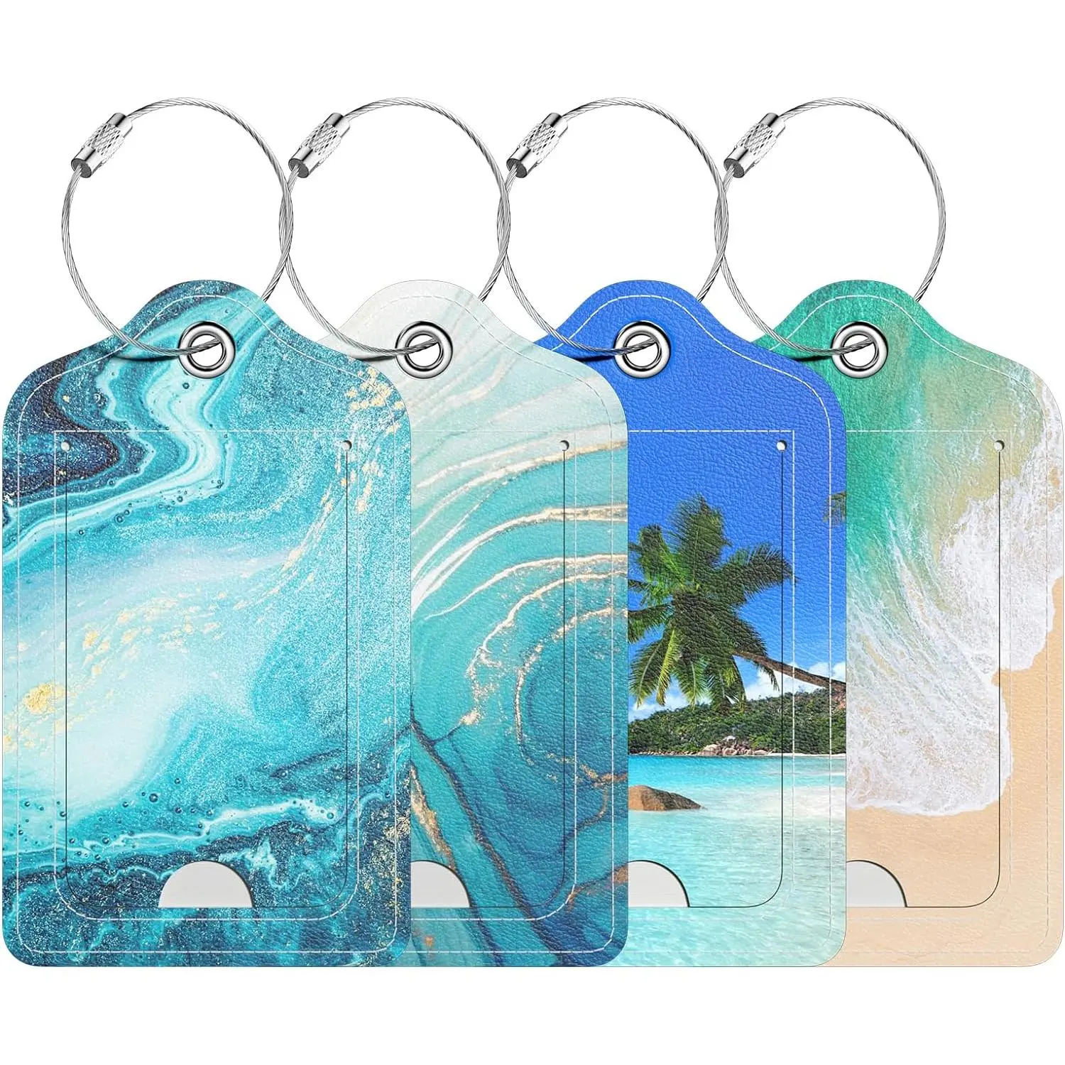 4 Pack PU Leather Luggage Tags for Suitcase, Travel Cruise Luggage Tag with Privacy Flap, Name ID Label and Metal Loop for Women Men Baggage Handbag School Bag Backpack, Beach