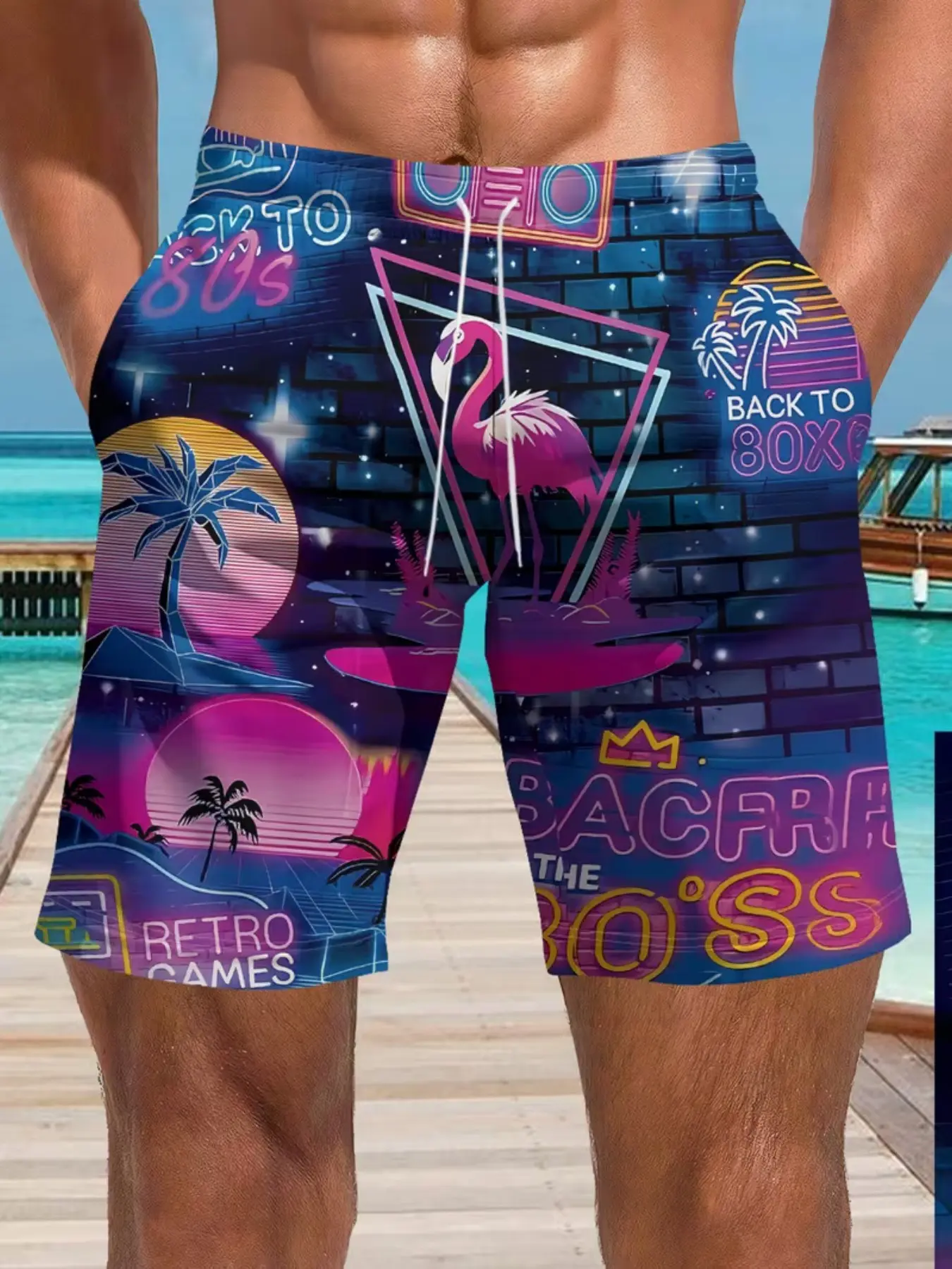 Men's Vintage 80s Neon Beach Shorts, Bird Palm Tree Radio Print, Drawstring Waist, Casual Knee-Length, All-Season Swimwear