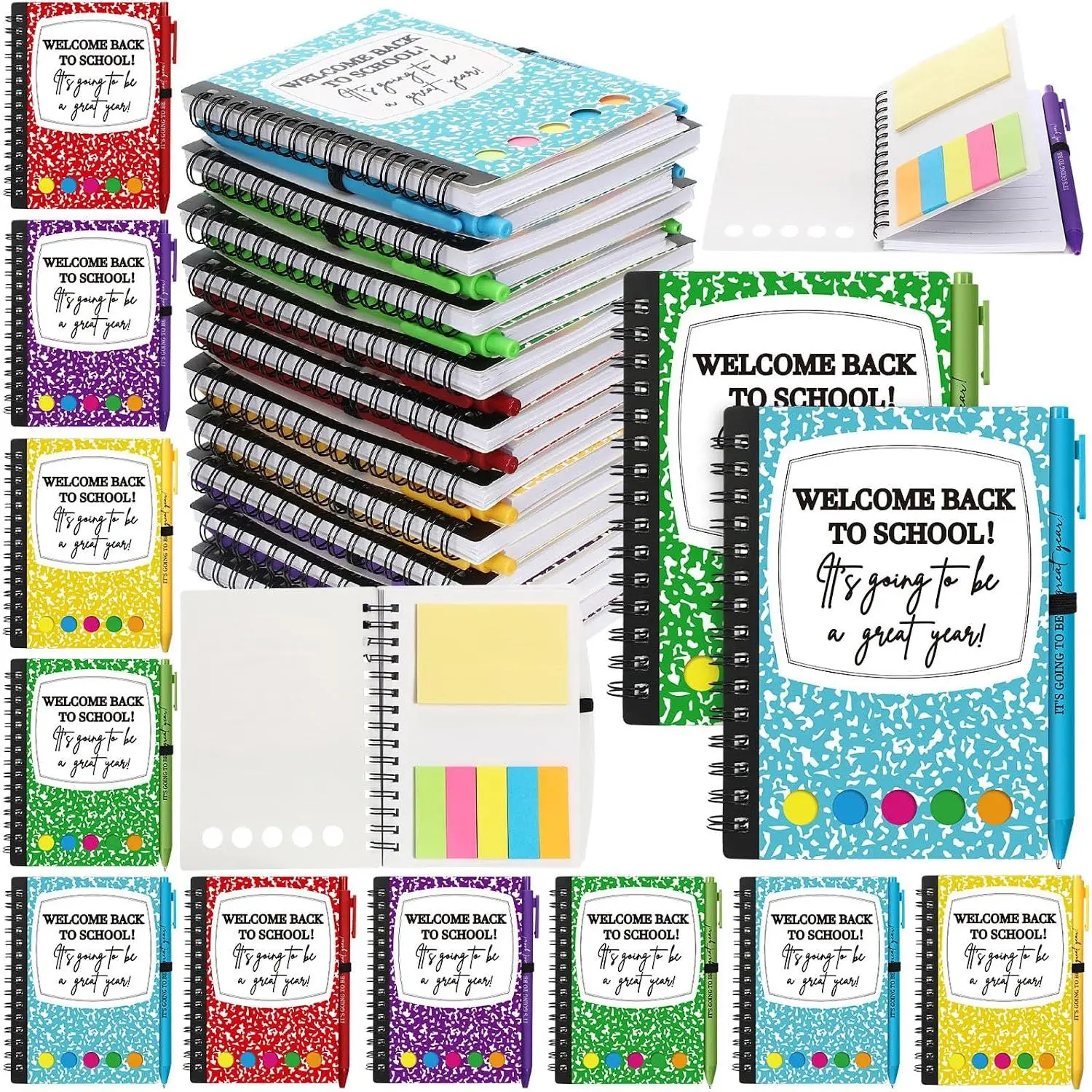 40-Pc Bulk Pack Welcome Back to School Composition Notebooks with Sticky Notes & Motivational Pens, Party Favors for Classroom Students