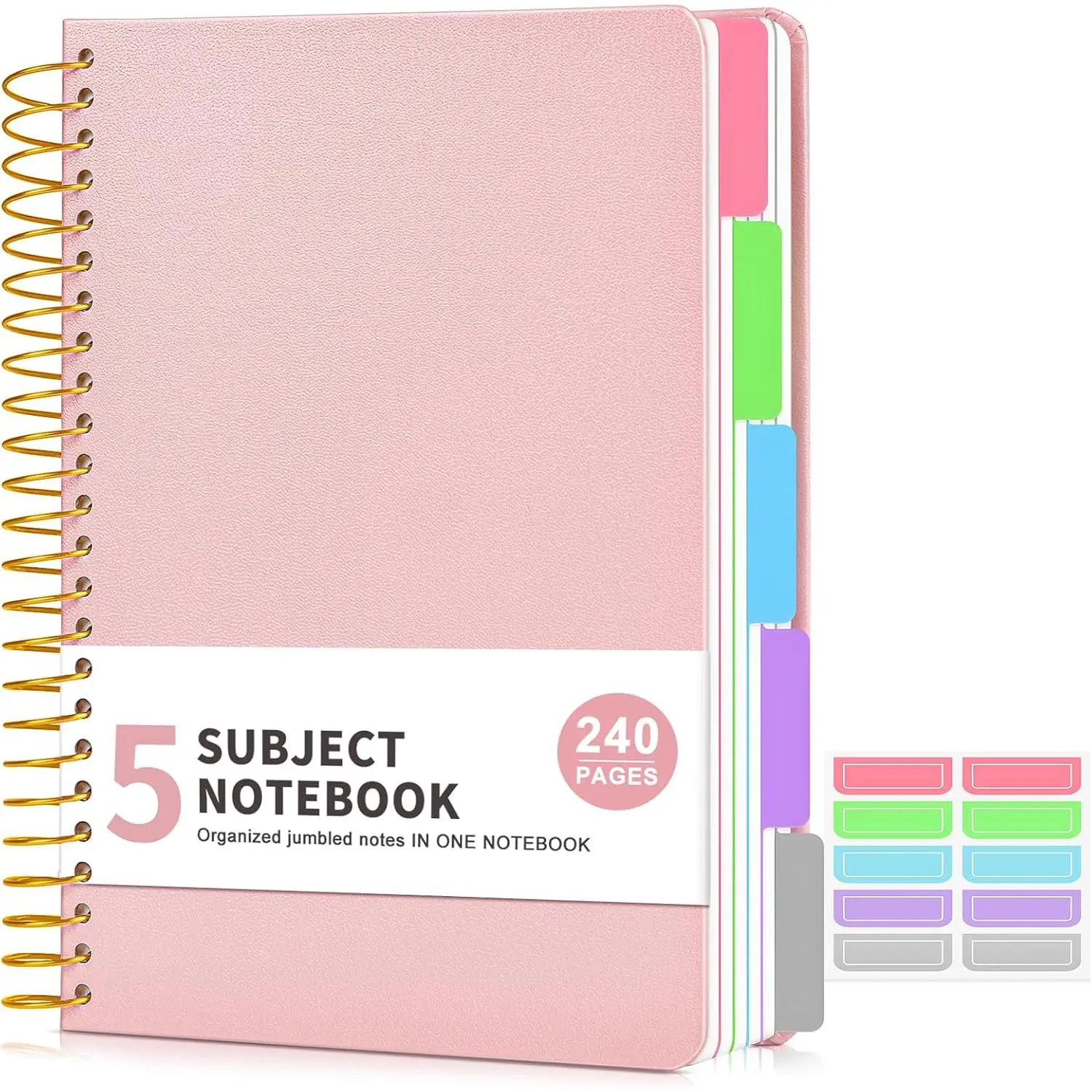 5 Subject Notebook College Ruled 240 Pages, A5(5.8"x8.3") Hardcover Spiral Notebook with Removable Pocket Dividers Tabs, Lined Spiral Journal Notebook for Women, Notebooks for Work School Note taking
