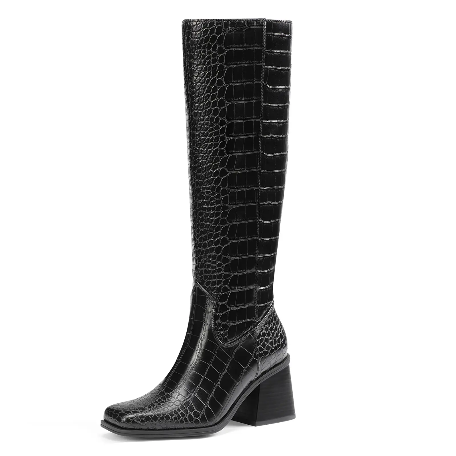 Athlefit Women's Chunky Heel Square Toe Knee High Boots - Side Zipper, Leather/Rubber Footwear Fashion, Retro Casual for Fall Winter Everyday Outing