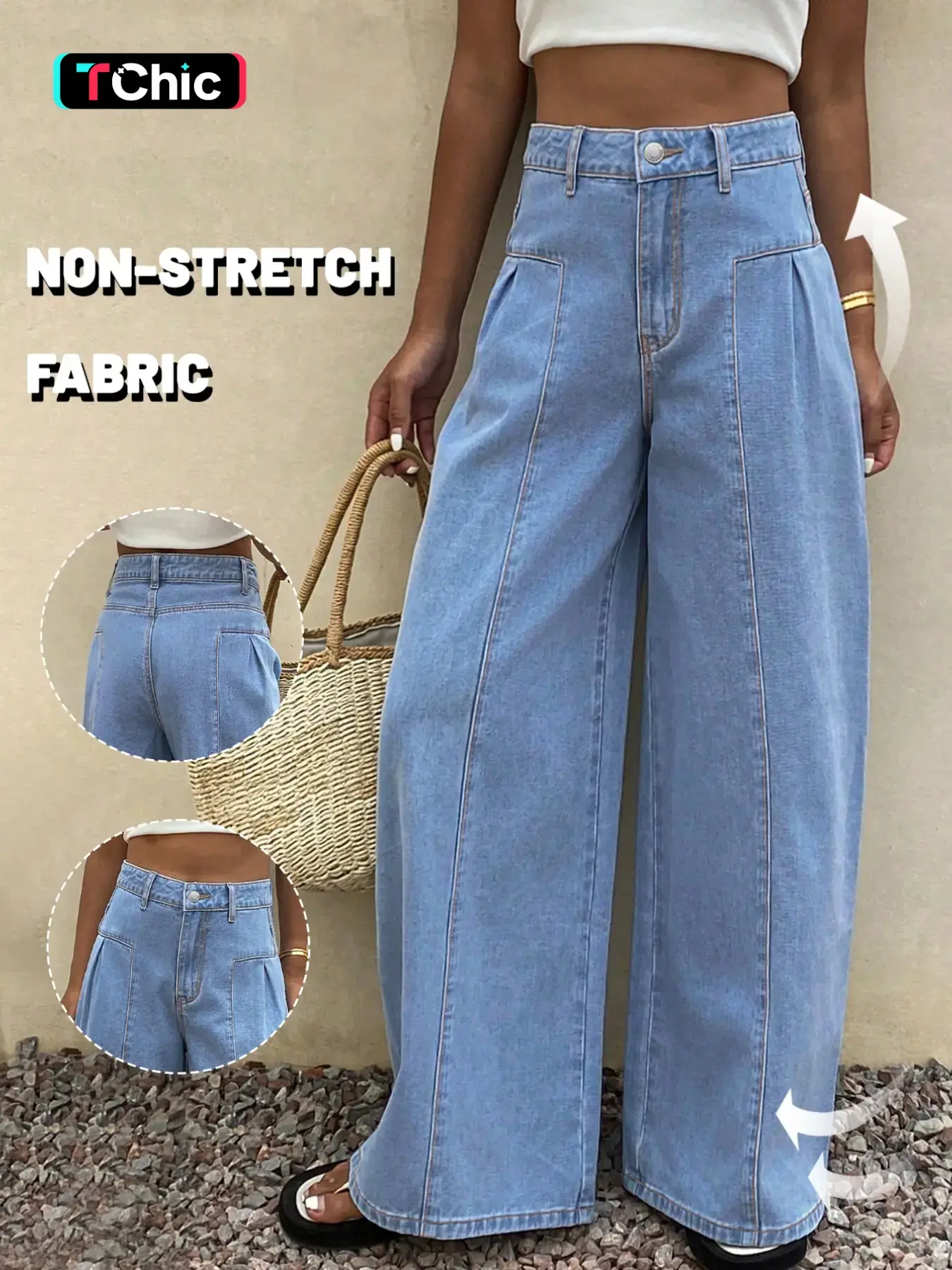 Women High Waist Seam Front Pleated Wide Leg Jeans, Non-Stretch Light Wash Baggy Denim Jeans, Casual Streetwear Trousers